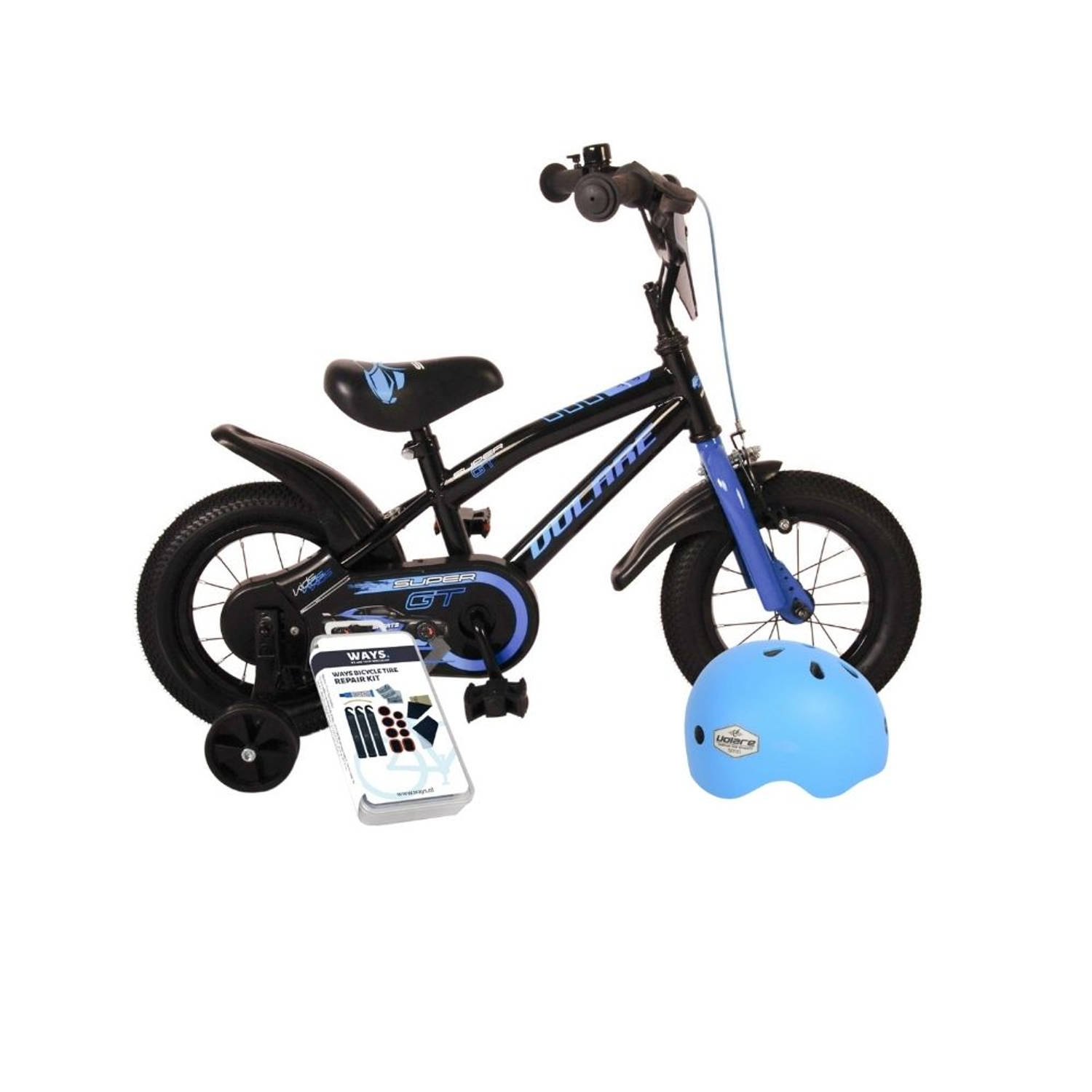 Volare Kinderfiets Super GT - 12 inch - Blauw - Inclusief fietshelm & accessoires