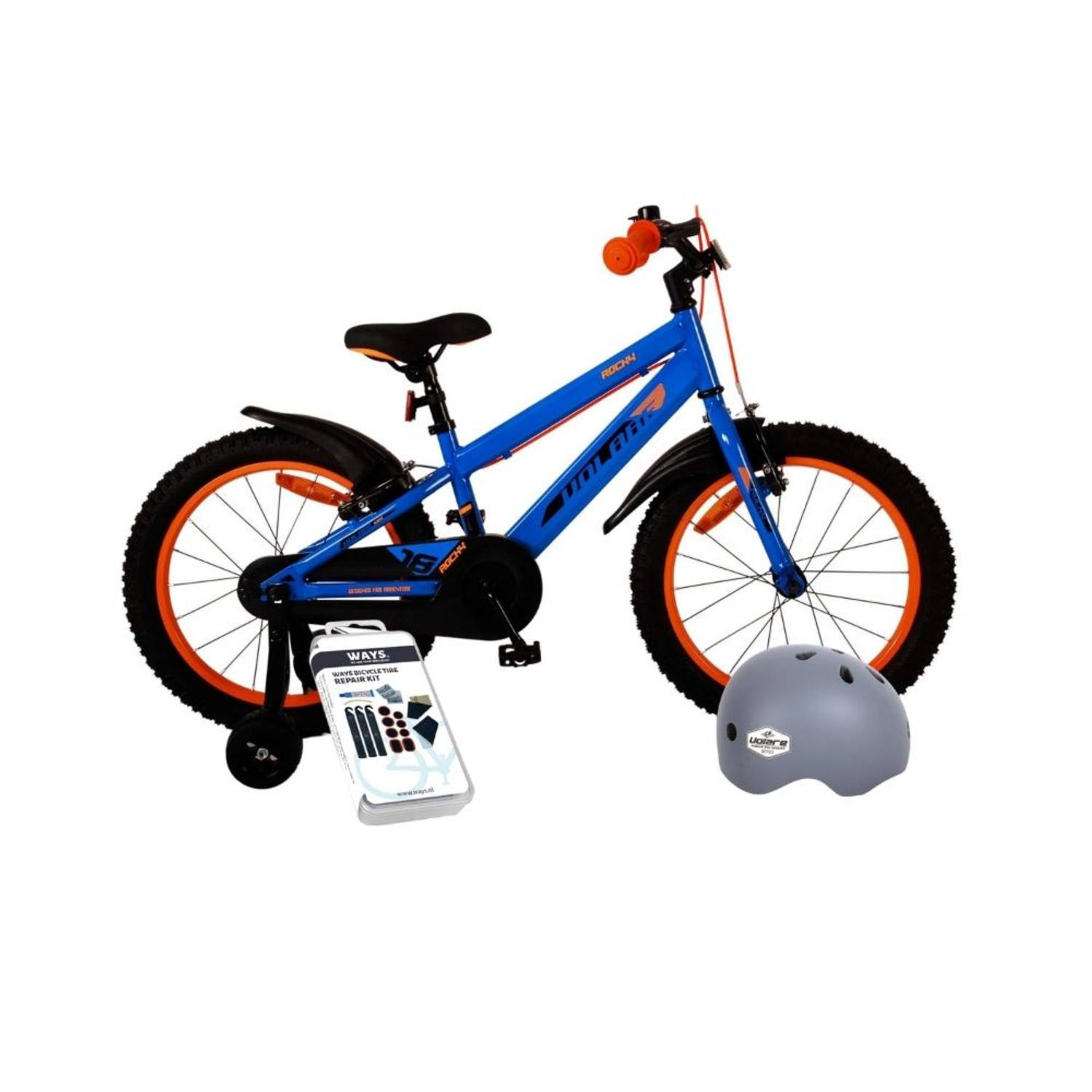 Volare Kinderfiets Rocky - 14 inch - Blauw/Rood - Twee handremmen - Met fietshelm en accessoires