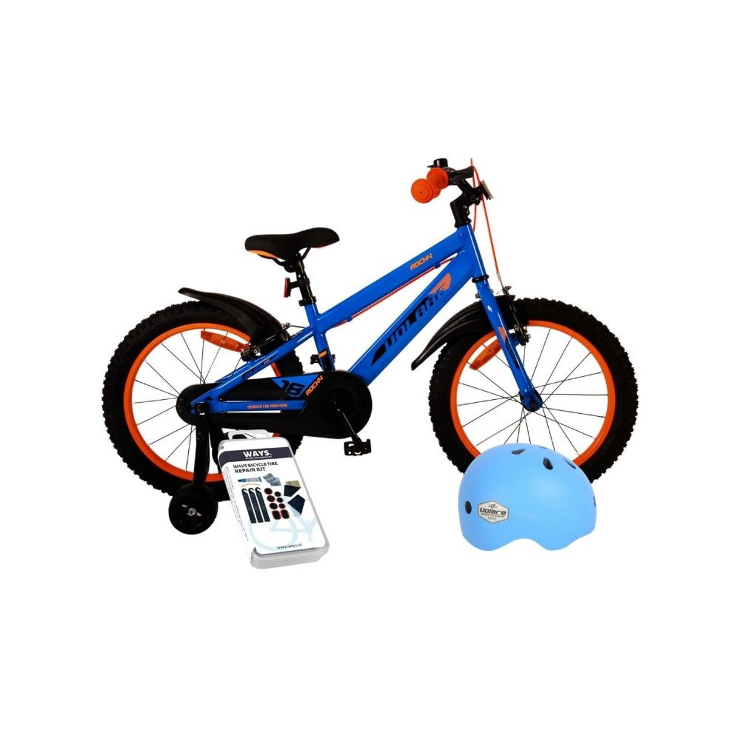 Volare Kinderfiets Rocky - 14 inch - Blauw/Rood - Twee handremmen - Inclusief fietshelm & accessoires