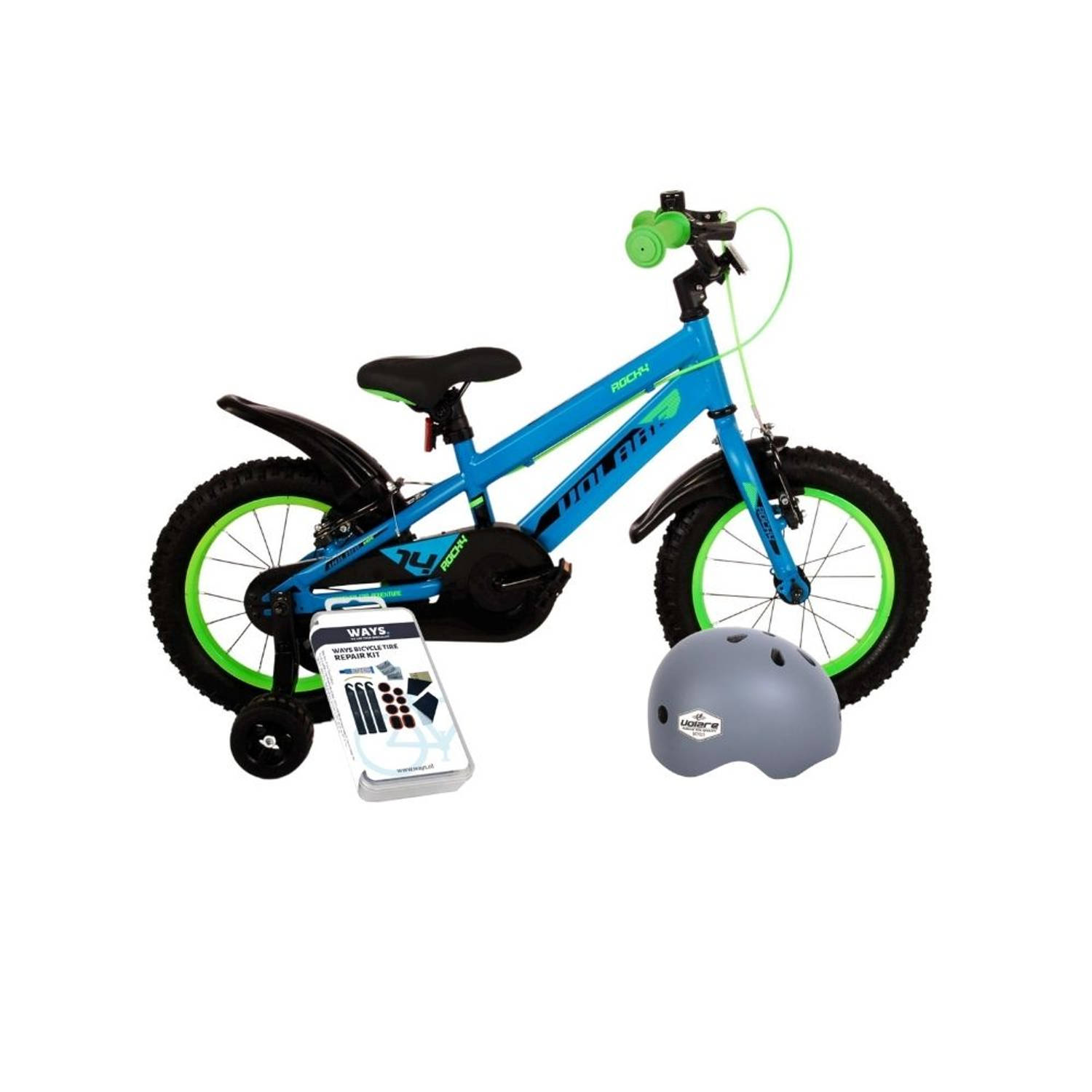 Volare Kinderfiets Rocky - 16 inch - Blauw/Groen - Twee handremmen - Met fietshelm en accessoires