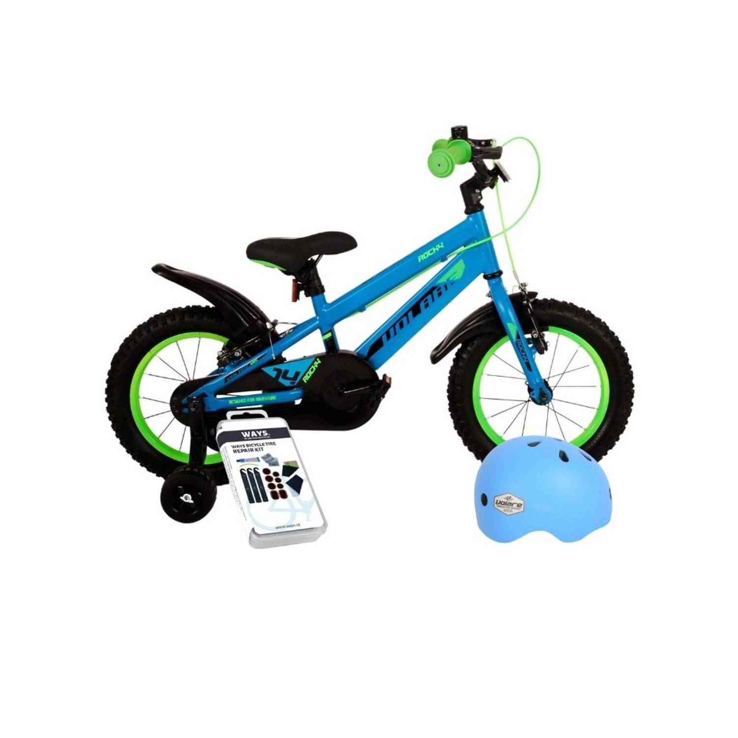 Volare Kinderfiets Rocky - 16 inch - Blauw/Groen - Twee handremmen - Inclusief fietshelm & accessoires