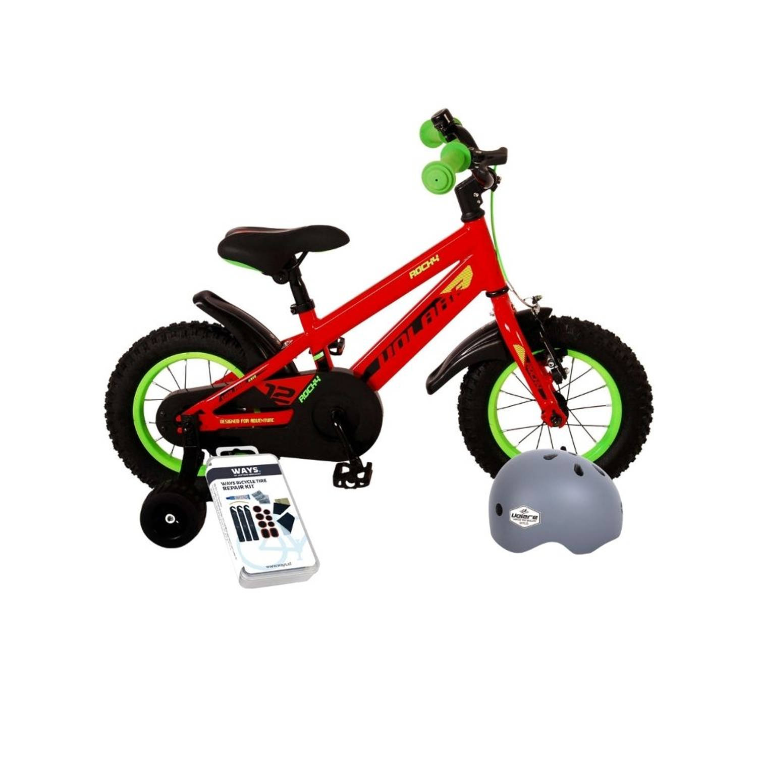 Volare Kinderfiets Rocky - 12 inch - Rood/Groen - Met fietshelm en accessoires