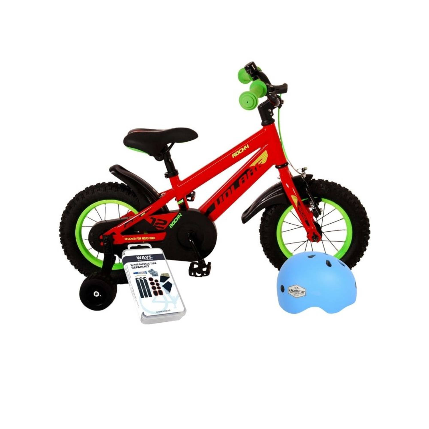 Volare Kinderfiets Rocky - 12 inch - Rood/Groen - Inclusief fietshelm & accessoires