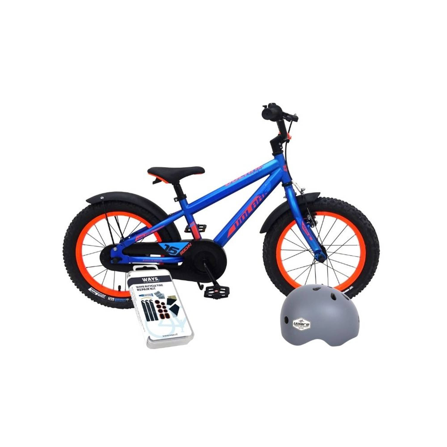 Volare Kinderfiets Rocky - 16 inch - Blauw - Met fietshelm en accessoires
