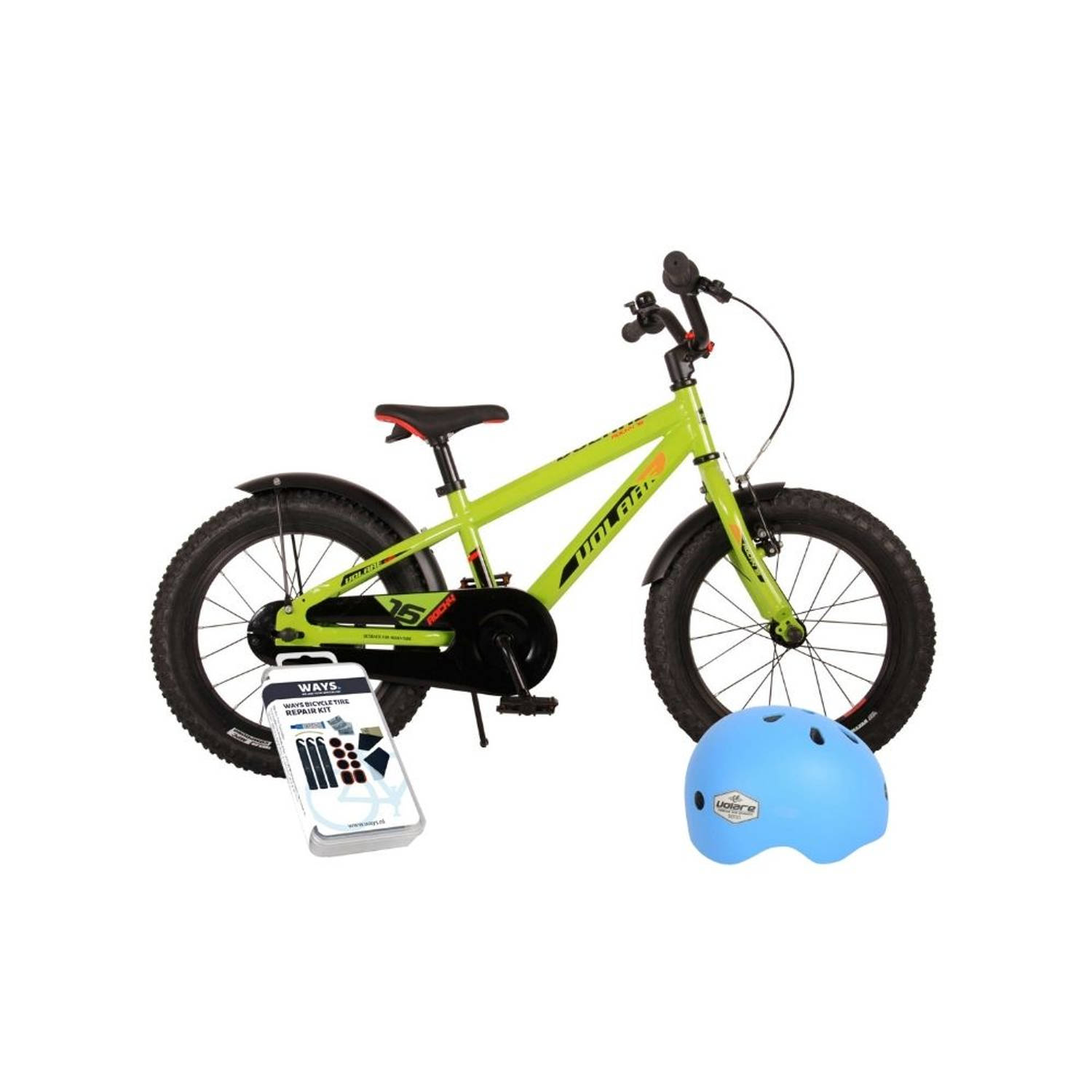 Volare Kinderfiets Rocky - 16 inch - Groen - Inclusief fietshelm & accessoires