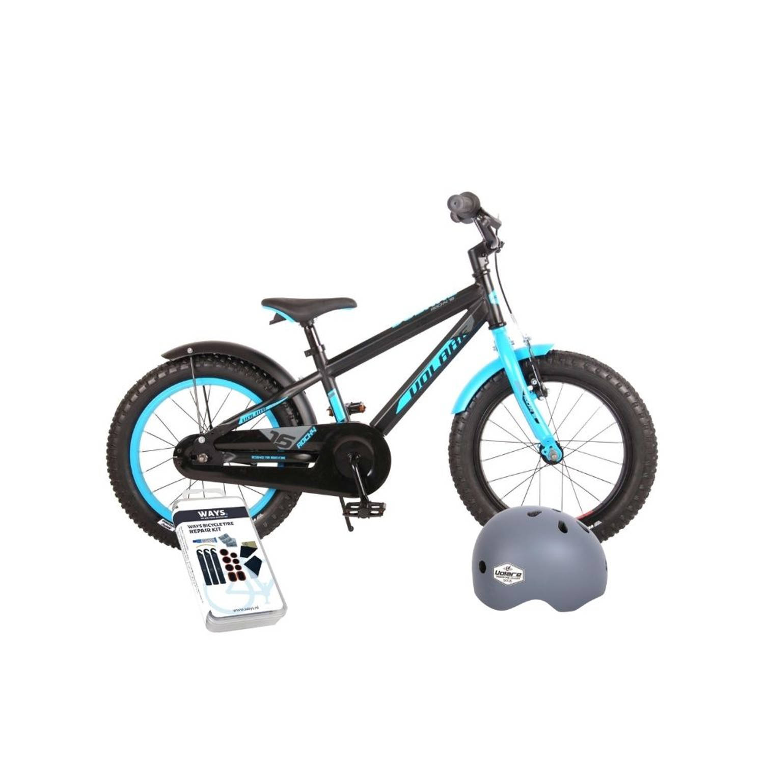 Volare Kinderfiets Rocky - 16 inch - Zwart/Blauw - Met fietshelm en accessoires