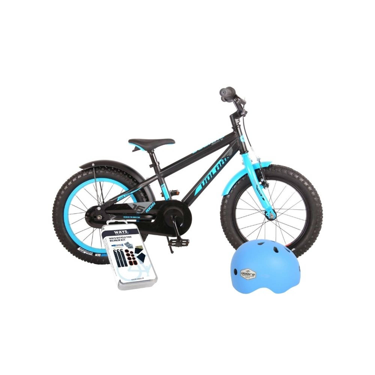 Volare Kinderfiets Rocky - 16 inch - Zwart/Blauw - Inclusief fietshelm & accessoires