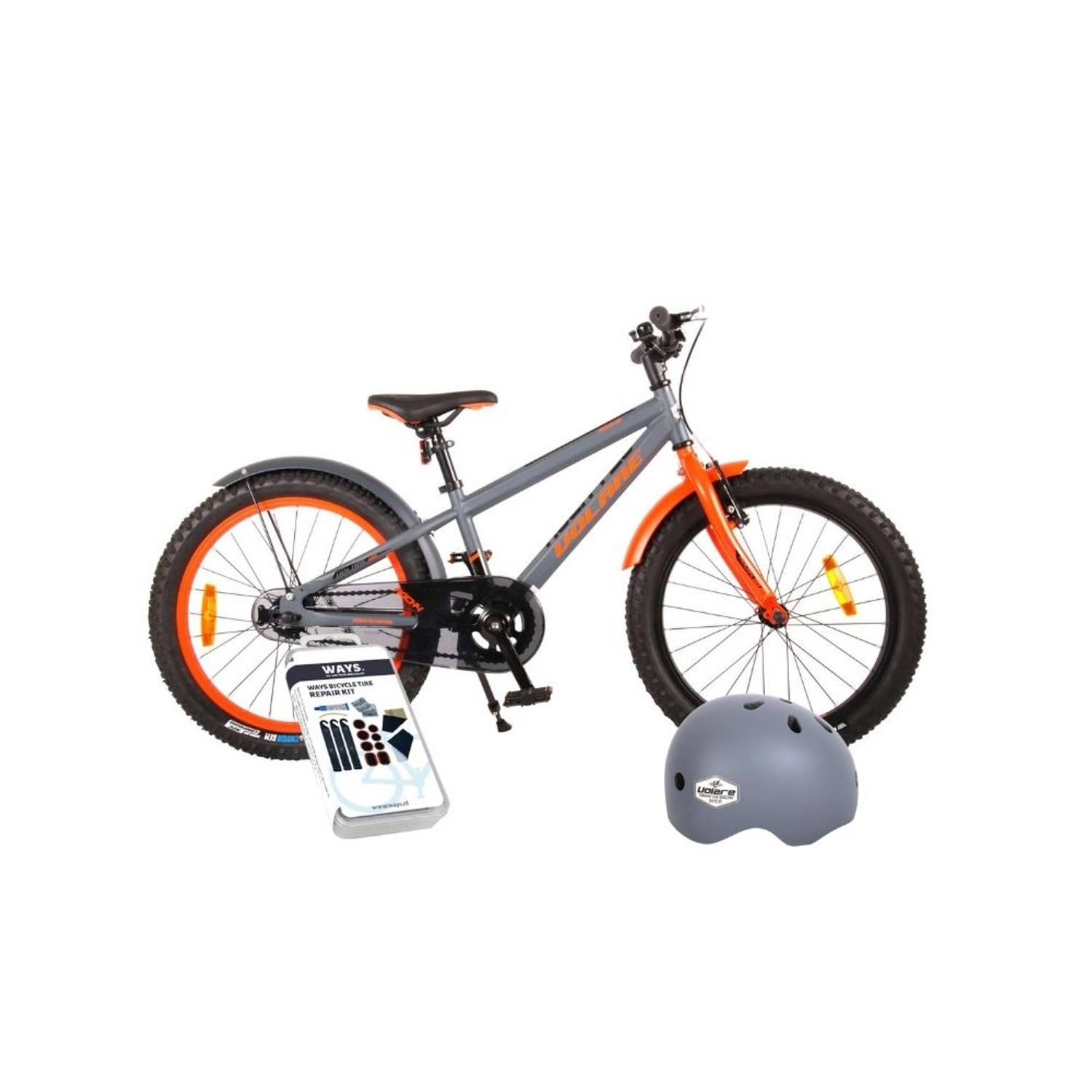 Volare Kinderfiets Rocky - 20 inch - Grijs/Oranje - Met fietshelm en accessoires