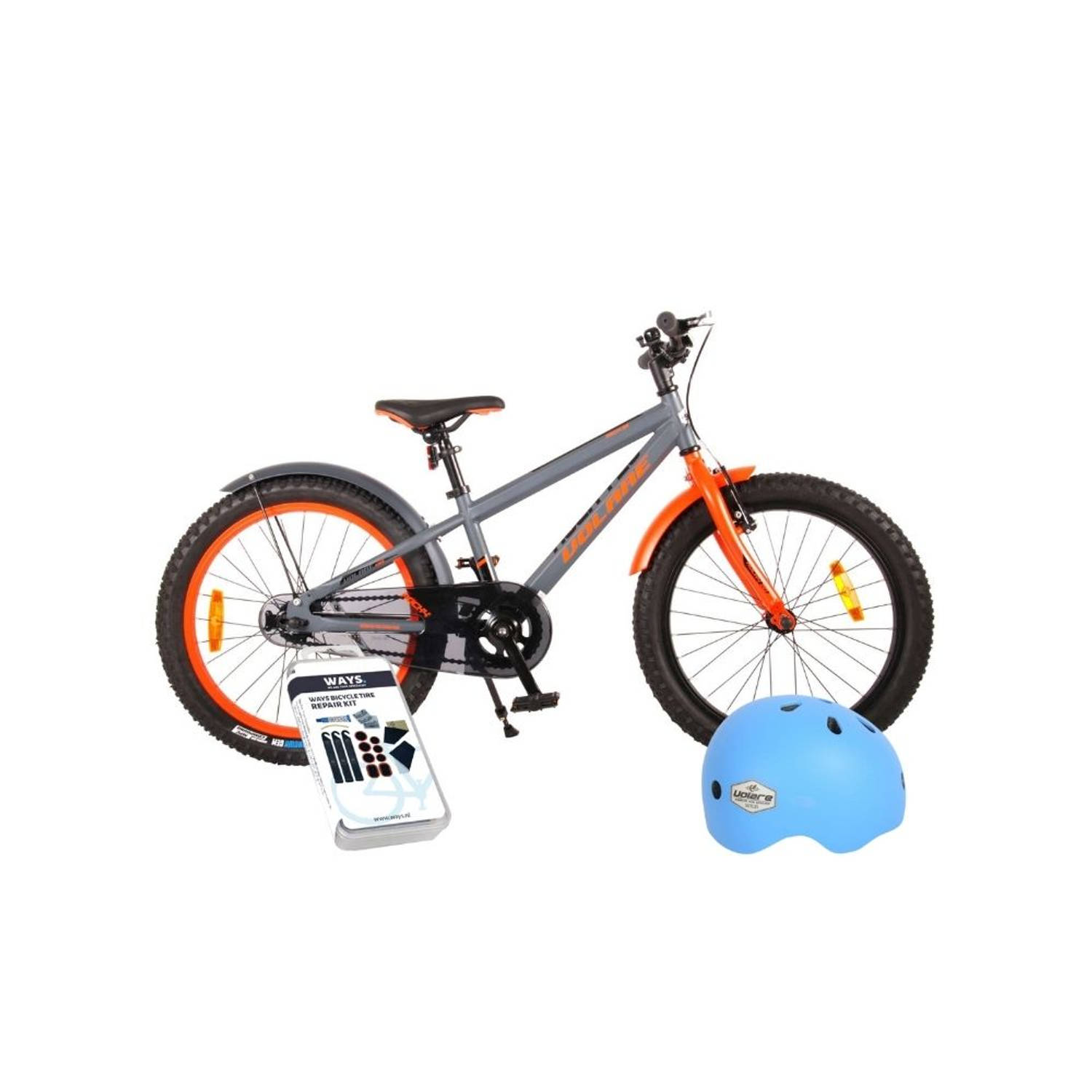 Volare Kinderfiets Rocky - 20 inch - Grijs/Oranje - Inclusief fietshelm & accessoires