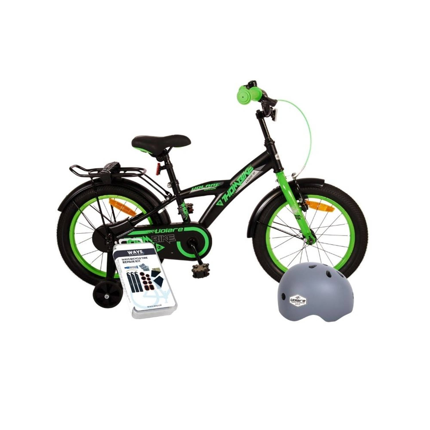Volare Kinderfiets Thombike - 12 inch - Zwart/Geel - Met fietshelm en accessoires