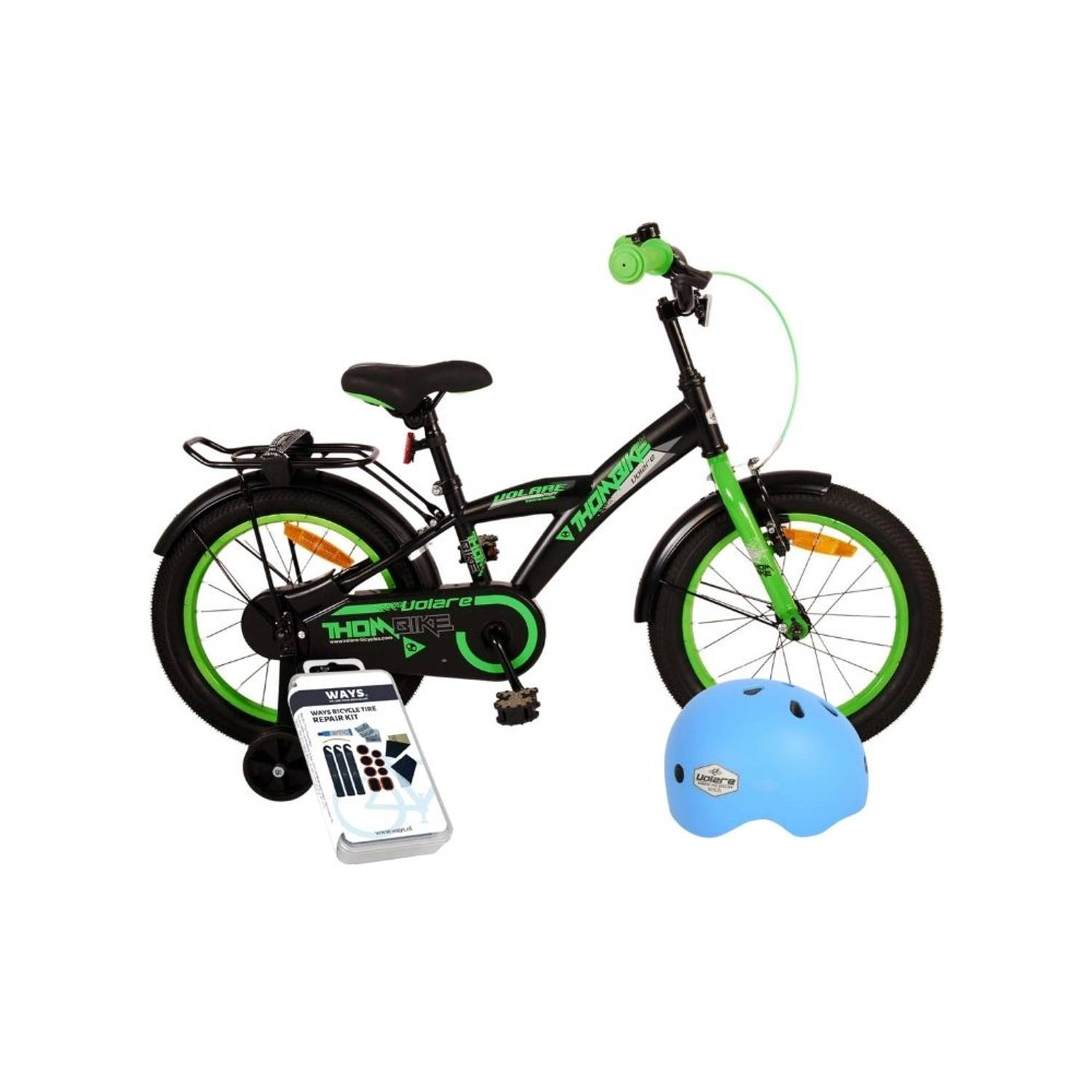 Volare Kinderfiets Thombike - 12 inch - Zwart/Geel - Inclusief fietshelm & accessoires