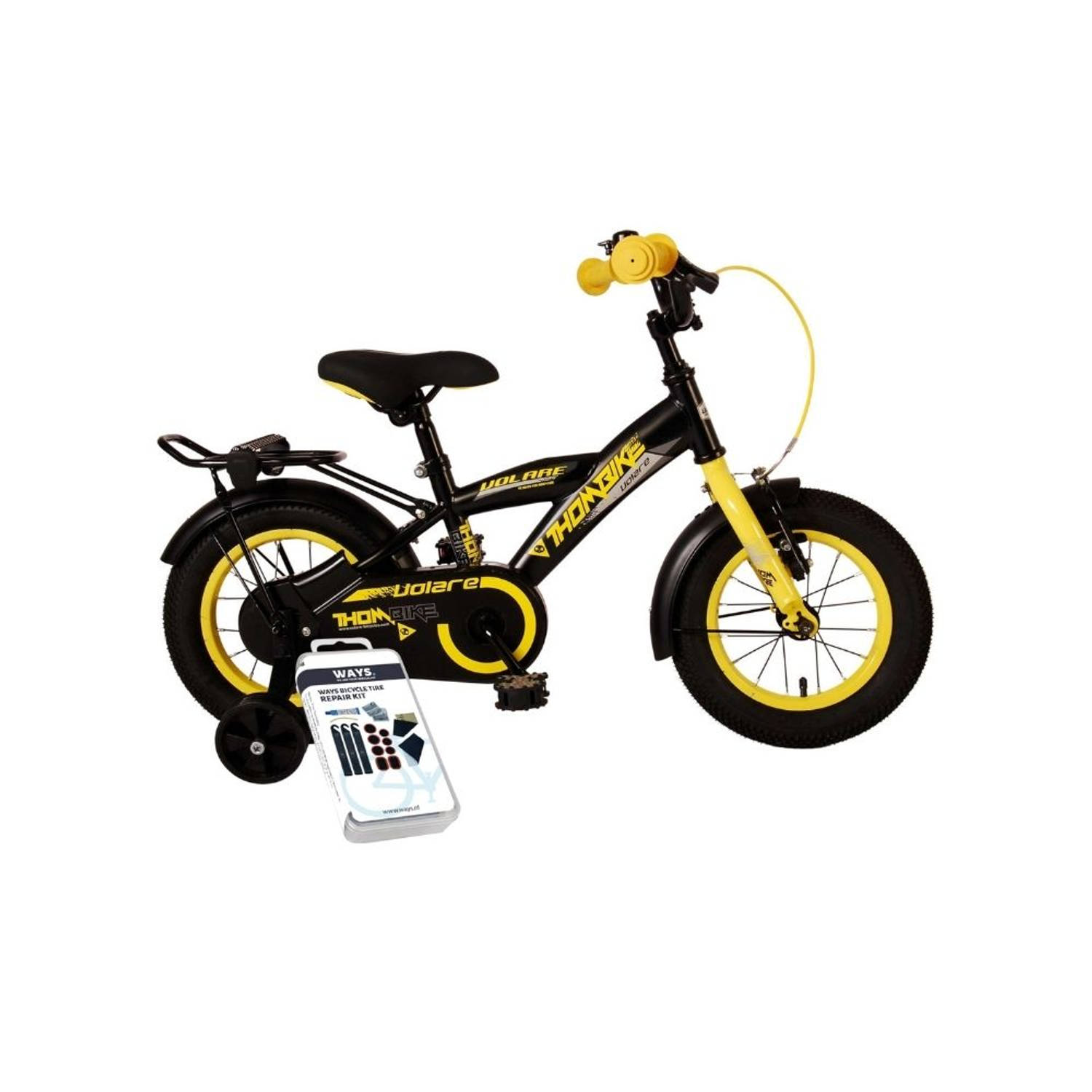 Volare Kinderfiets Thombike - 14 inch - Zwart/Geel - Inclusief WAYS Bandenplakset