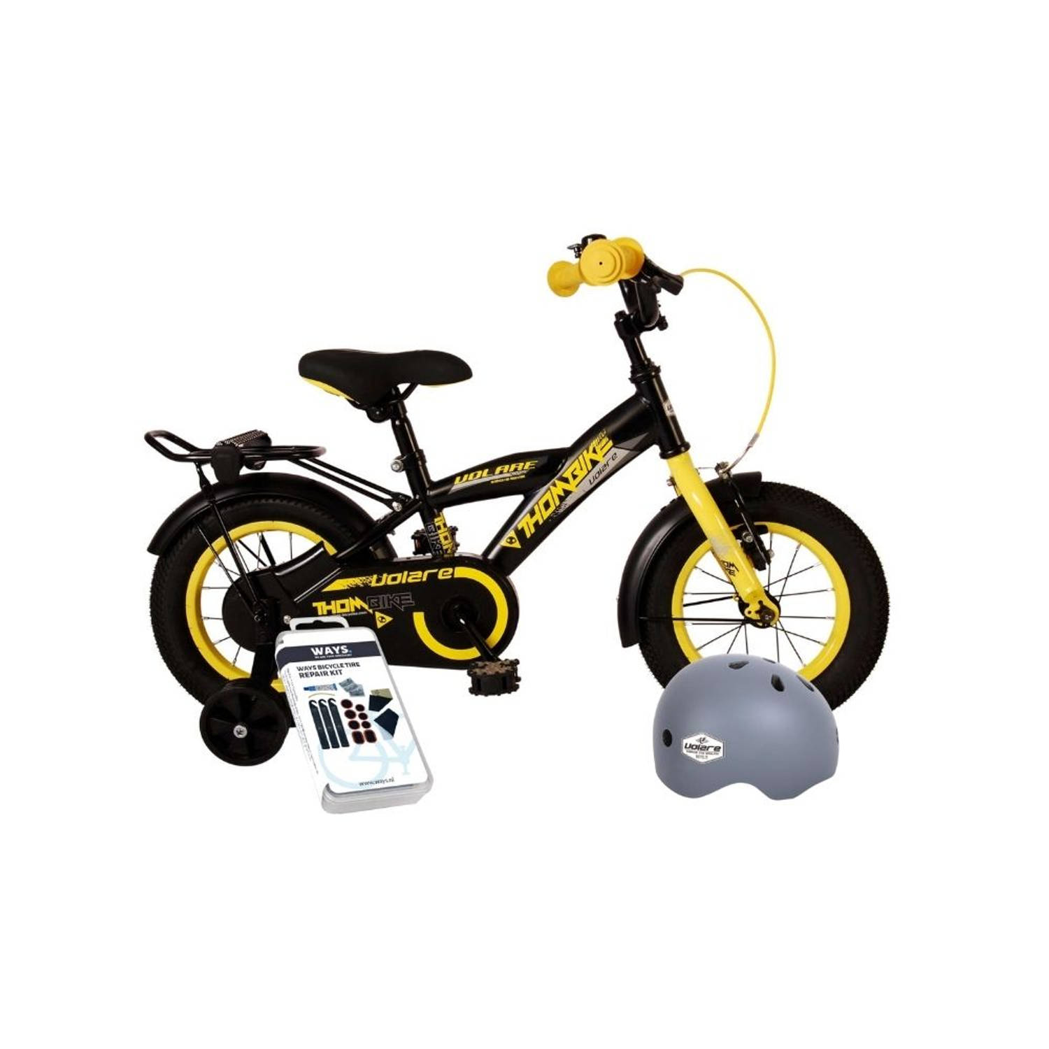 Volare Kinderfiets Thombike - 14 inch - Zwart/Geel - Met fietshelm en accessoires