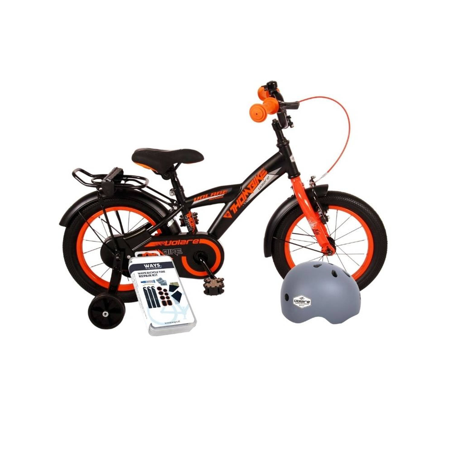 Volare Kinderfiets Thombike - 16 inch - Zwart/Geel - Met fietshelm en accessoires