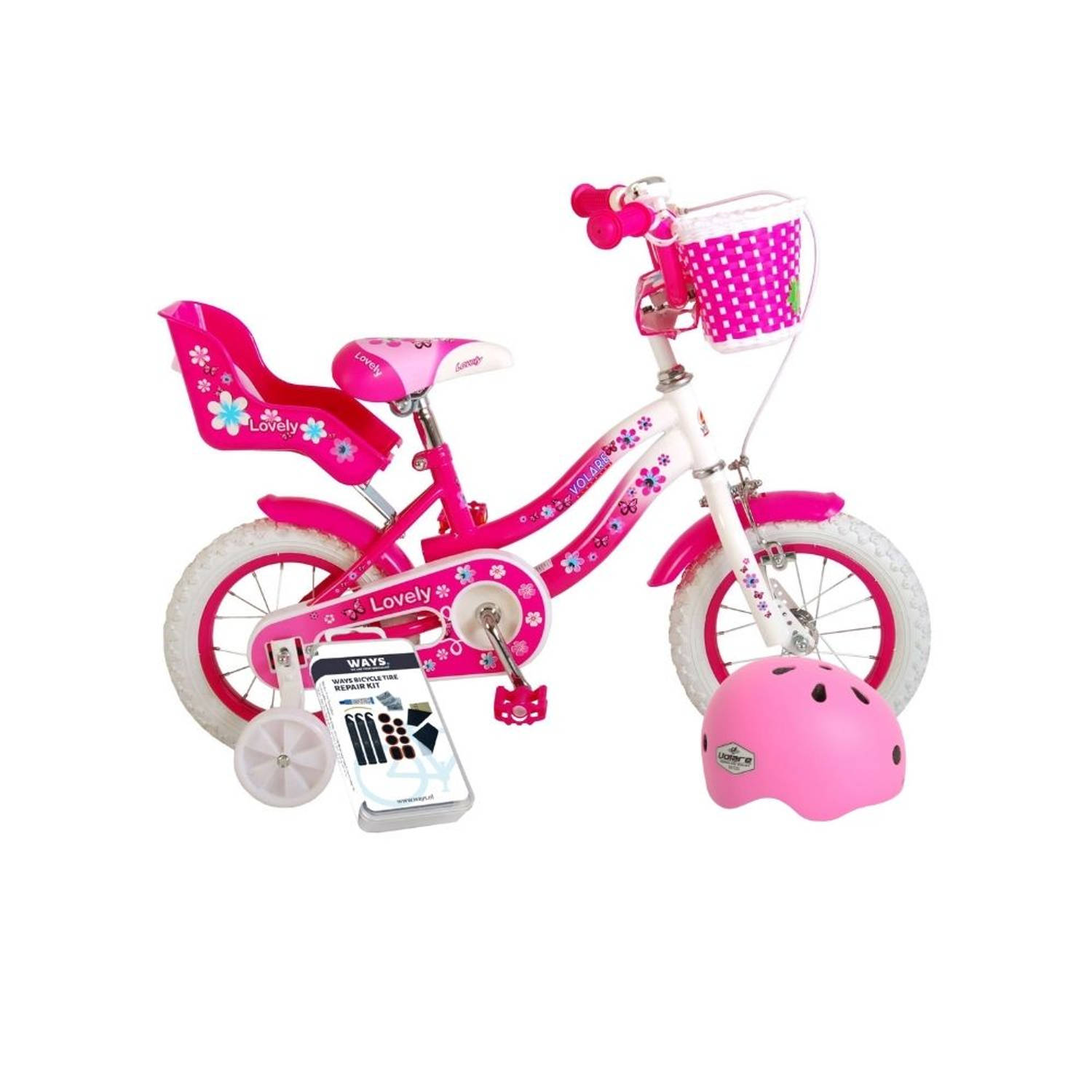 Volare Kinderfiets Lovely - 12 inch - Roze/Wit - Met fietshelm en accessoires