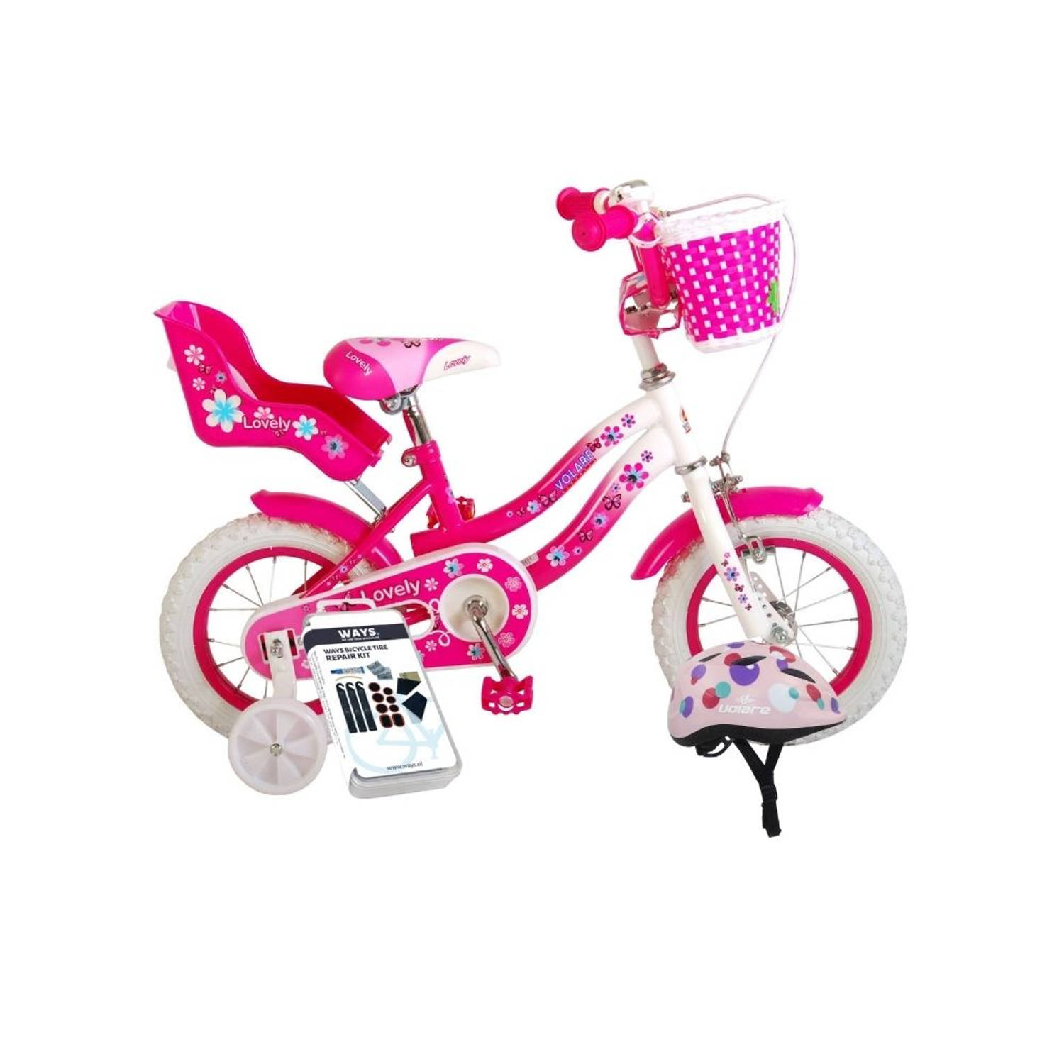 Volare Kinderfiets Lovely - 12 inch - Roze/Wit - Inclusief fietshelm & accessoires