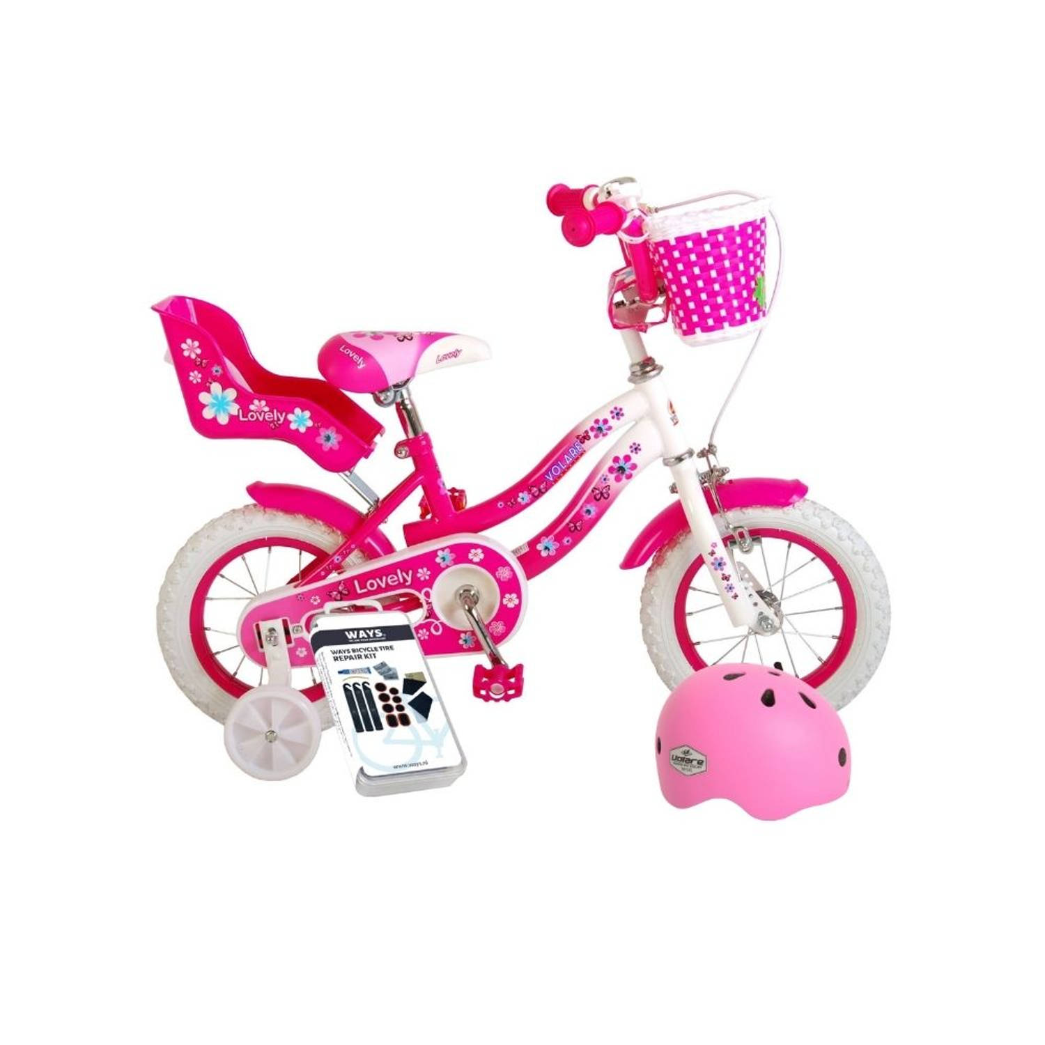 Volare Kinderfiets Lovely - 12 inch - Roze/Wit - Met fietshelm & accessoires