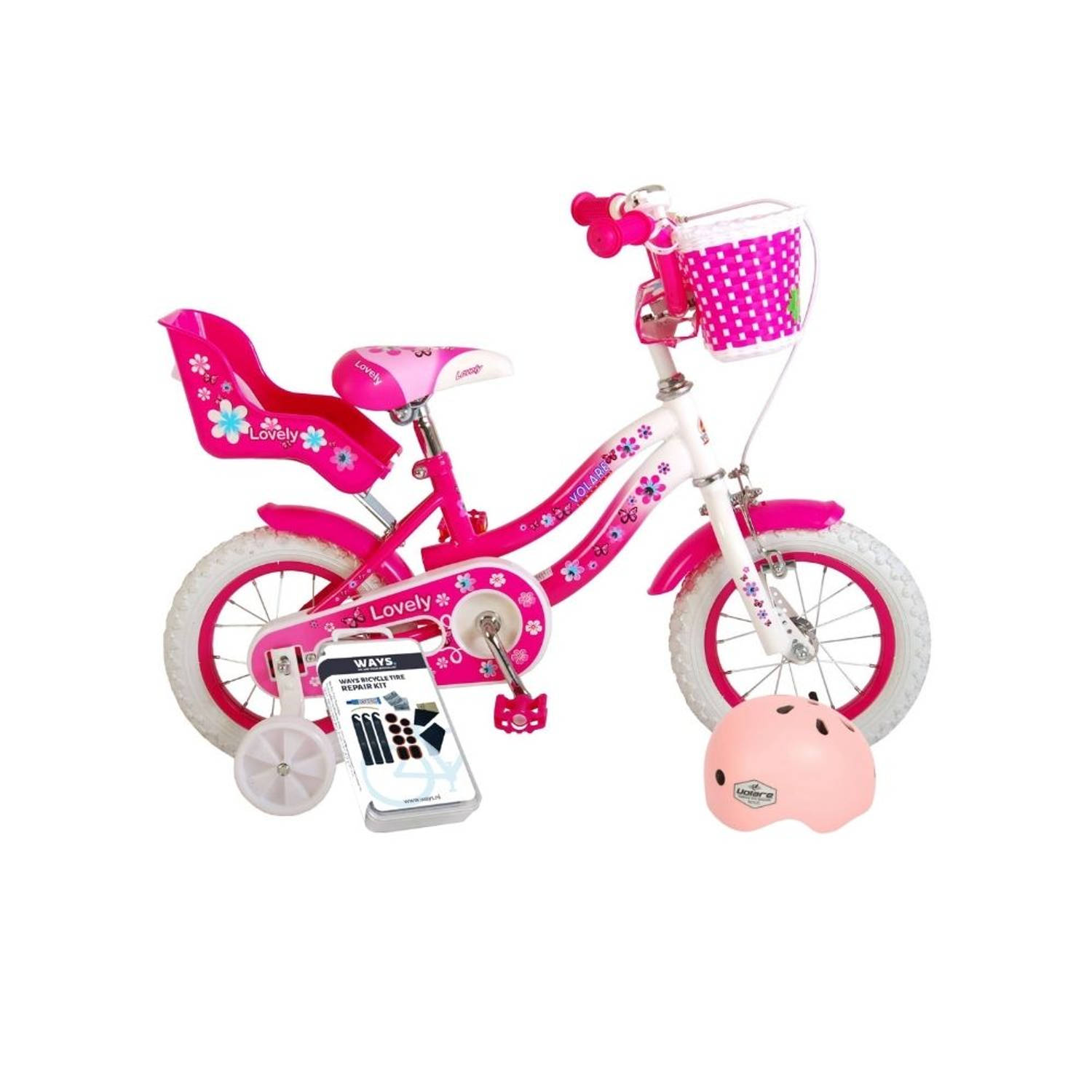 Volare Kinderfiets Lovely - 12 inch - Roze/Wit - Inclusief fietshelm + accessoires