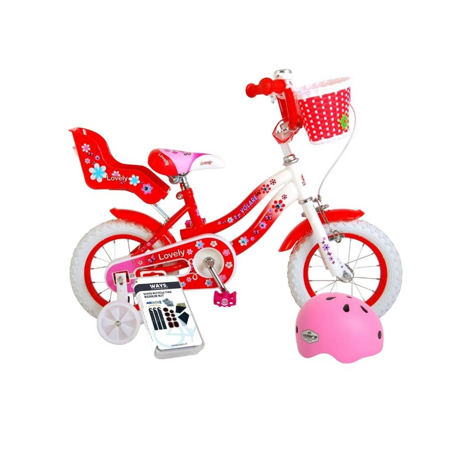 Volare Kinderfiets Lovely - 12 inch - Rood/Wit - Met fietshelm en accessoires