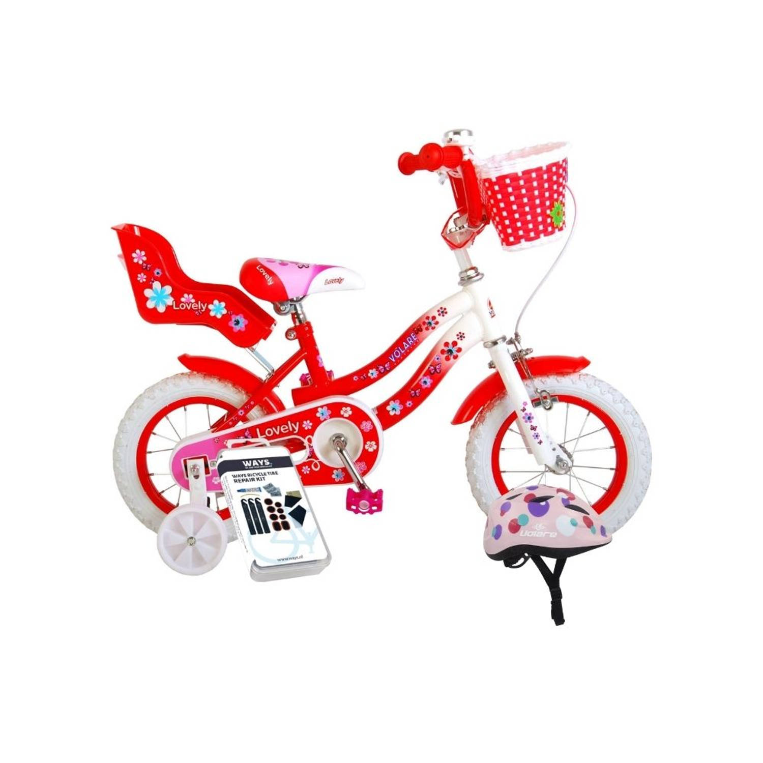 Volare Kinderfiets Lovely - 12 inch - Rood/Wit - Inclusief fietshelm & accessoires