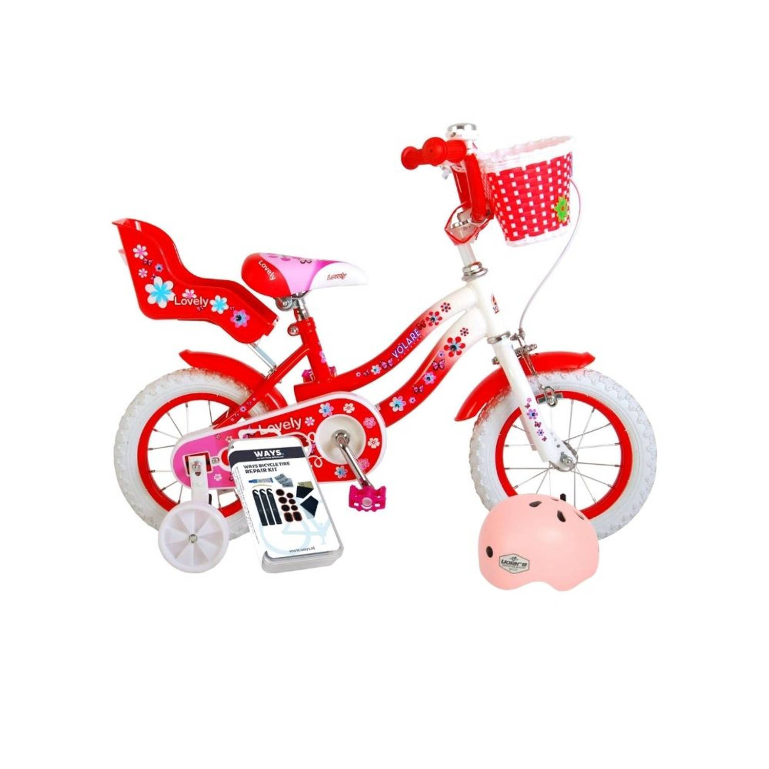 Volare Kinderfiets Lovely - 12 inch - Rood/Wit - Inclusief fietshelm + accessoires