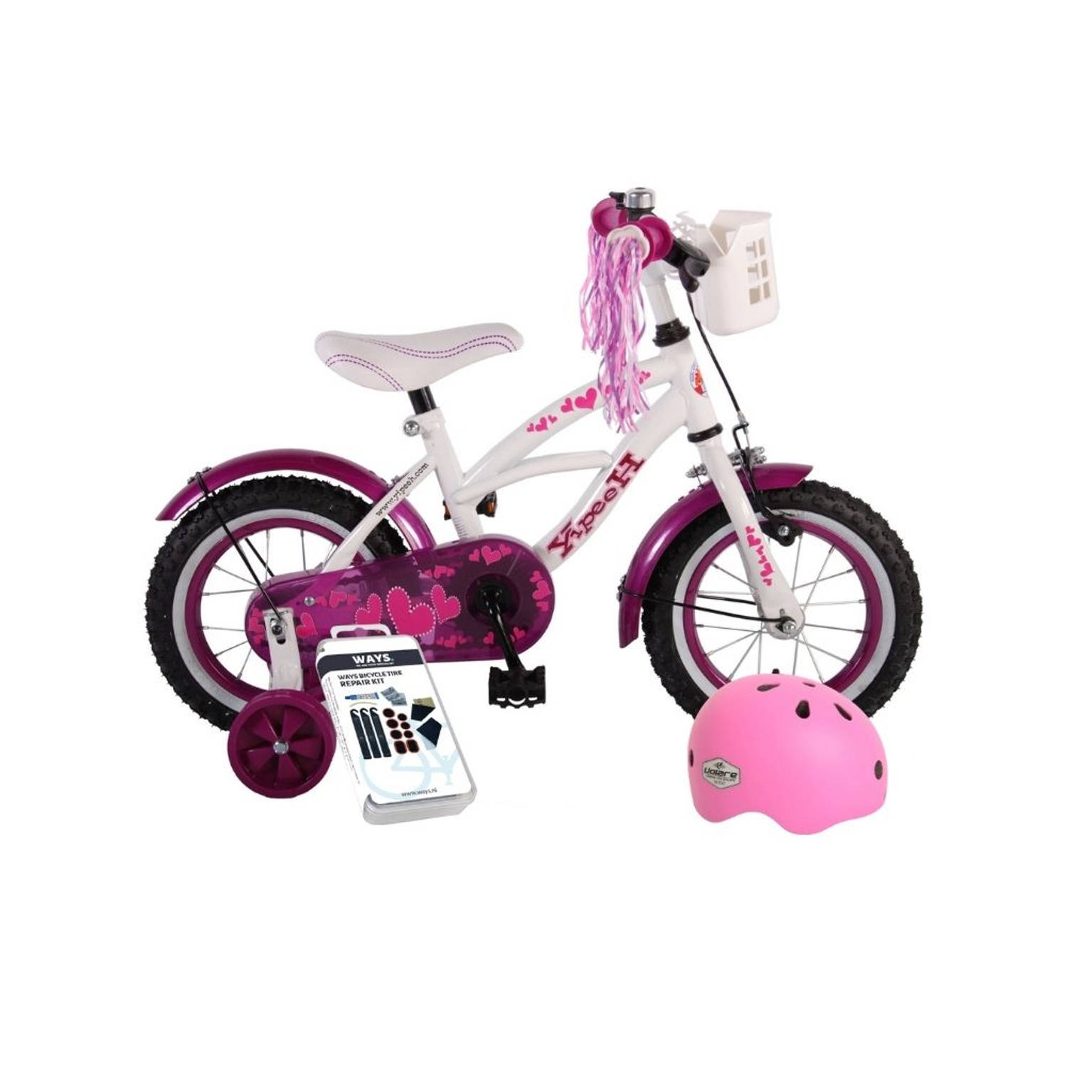 Volare Kinderfiets Heart Cruiser - 12 inch - Wit/Paars - Met fietshelm en accessoires