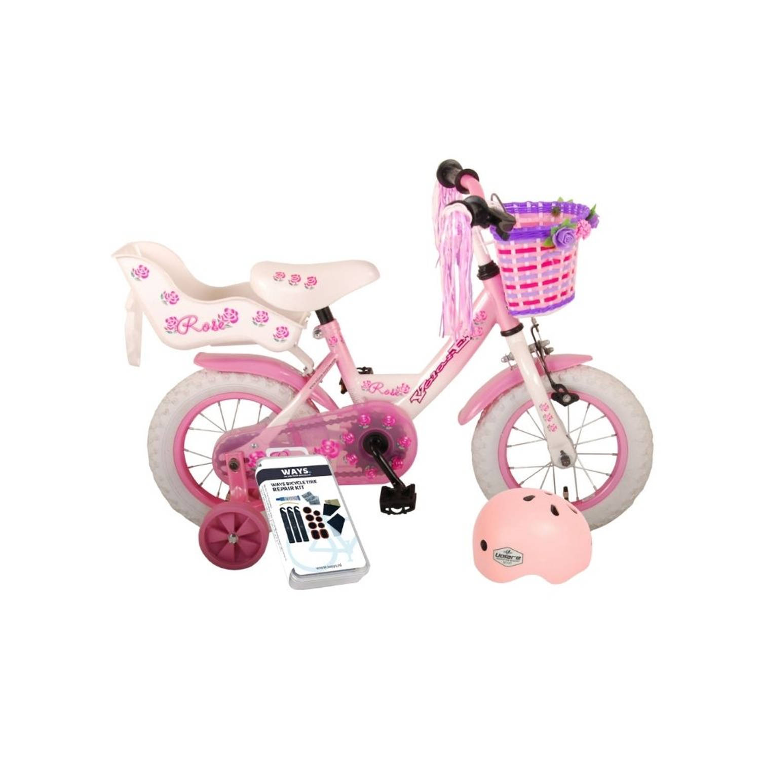 Volare Kinderfiets Rose - 12 inch - Roze/Wit - Inclusief fietshelm + accessoires