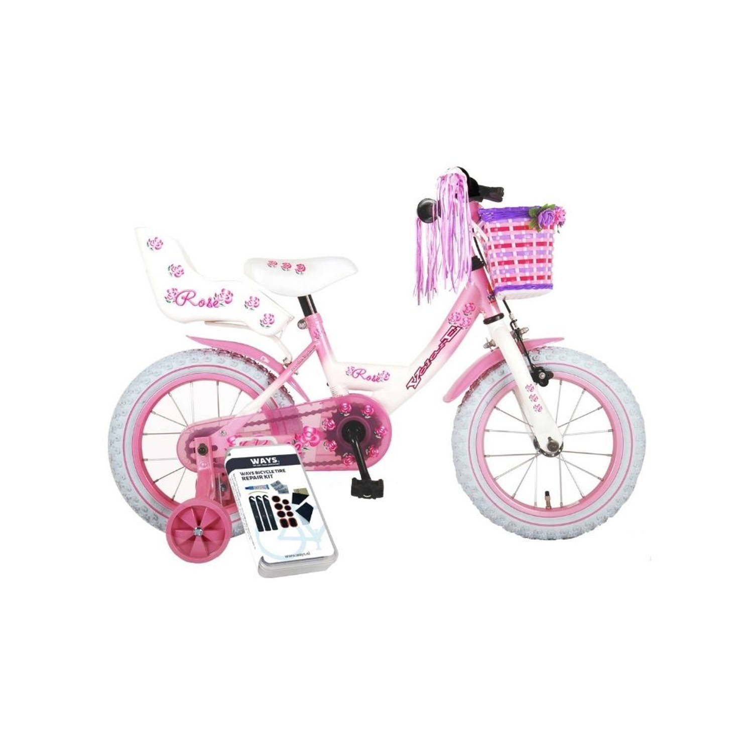 Volare Kinderfiets Rose - 14 inch - Roze/Wit - Inclusief WAYS Bandenplakset