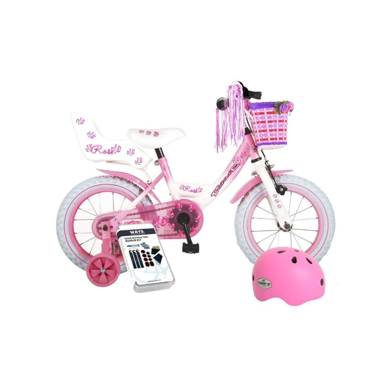 Volare Kinderfiets Rose - 14 inch - Roze/Wit - Met fietshelm en accessoires