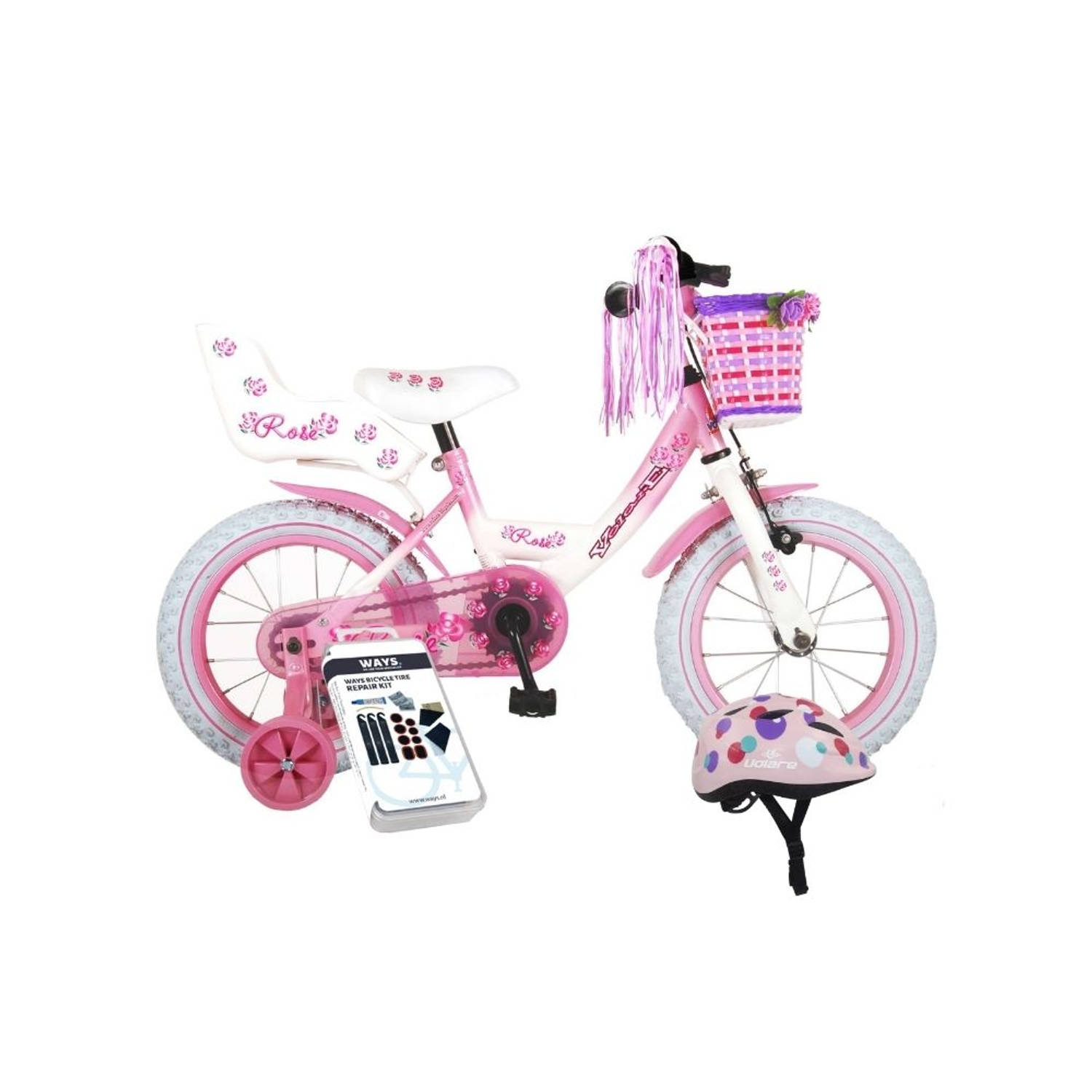 Volare Kinderfiets Rose - 14 inch - Roze/Wit - Inclusief fietshelm & accessoires