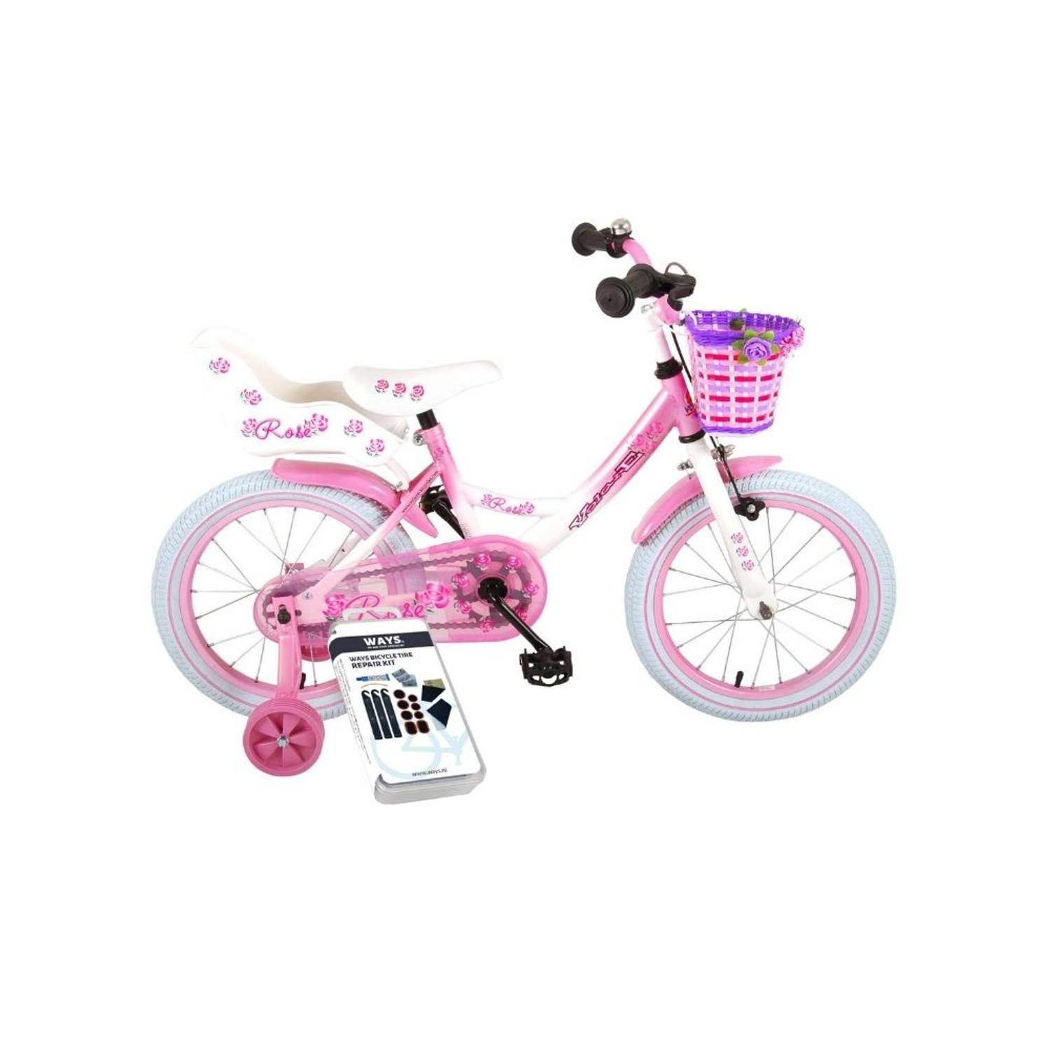 Volare Kinderfiets Rose - 16 inch - Roze/Wit - Inclusief WAYS Bandenplakset