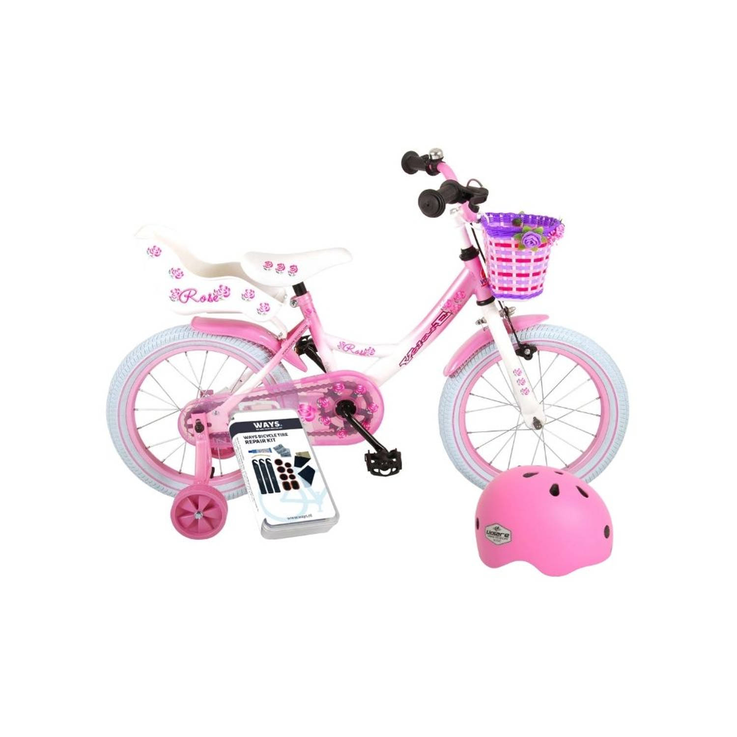 Volare Kinderfiets Rose - 16 inch - Roze/Wit - Met fietshelm en accessoires