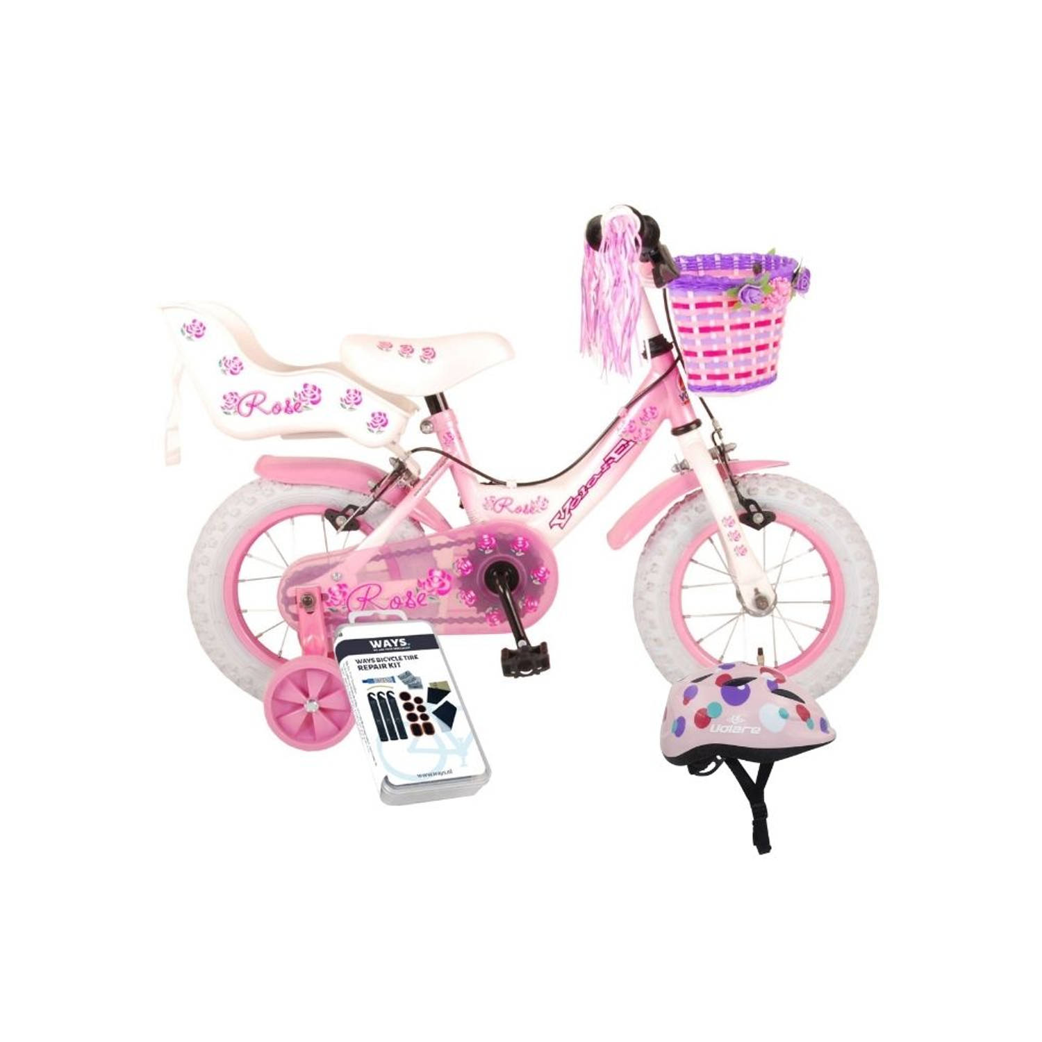 Volare Kinderfiets Rose - 12 inch - Roze/Wit - Twee handremmen - Inclusief fietshelm & accessoires