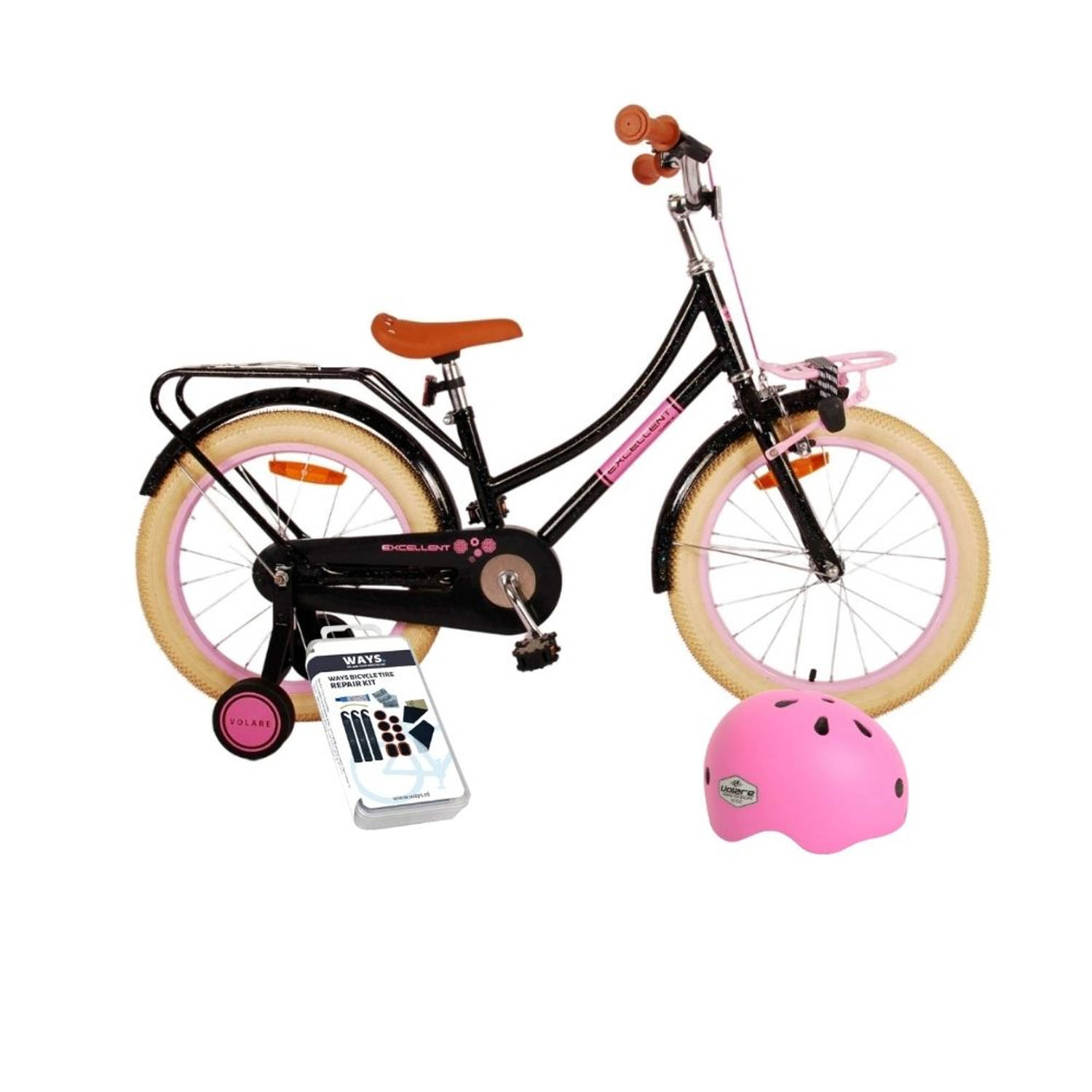 Volare Kinderfiets Excellent - 18 inch - Zwart/Roze - Met fietshelm en accessoires