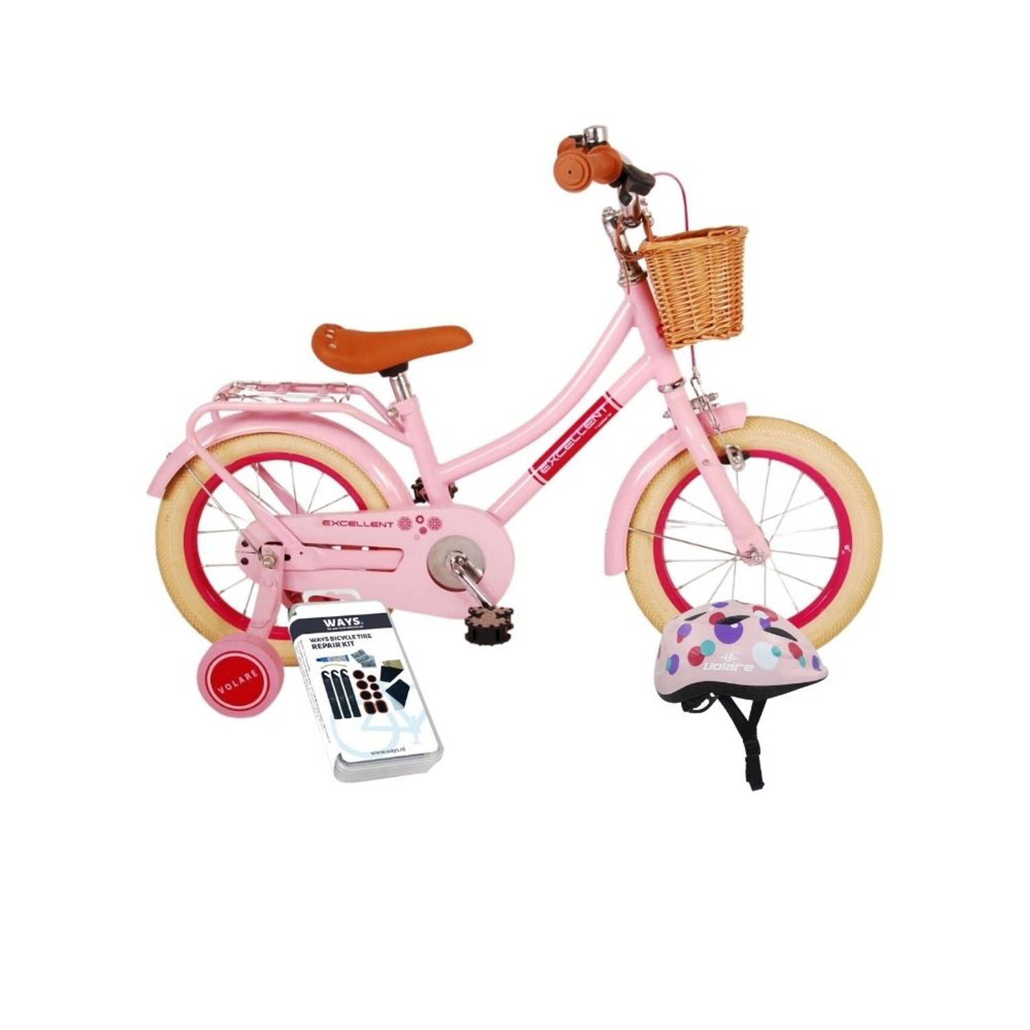 Volare Kinderfiets Excellent - 14 inch - Roze - Inclusief fietshelm & accessoires