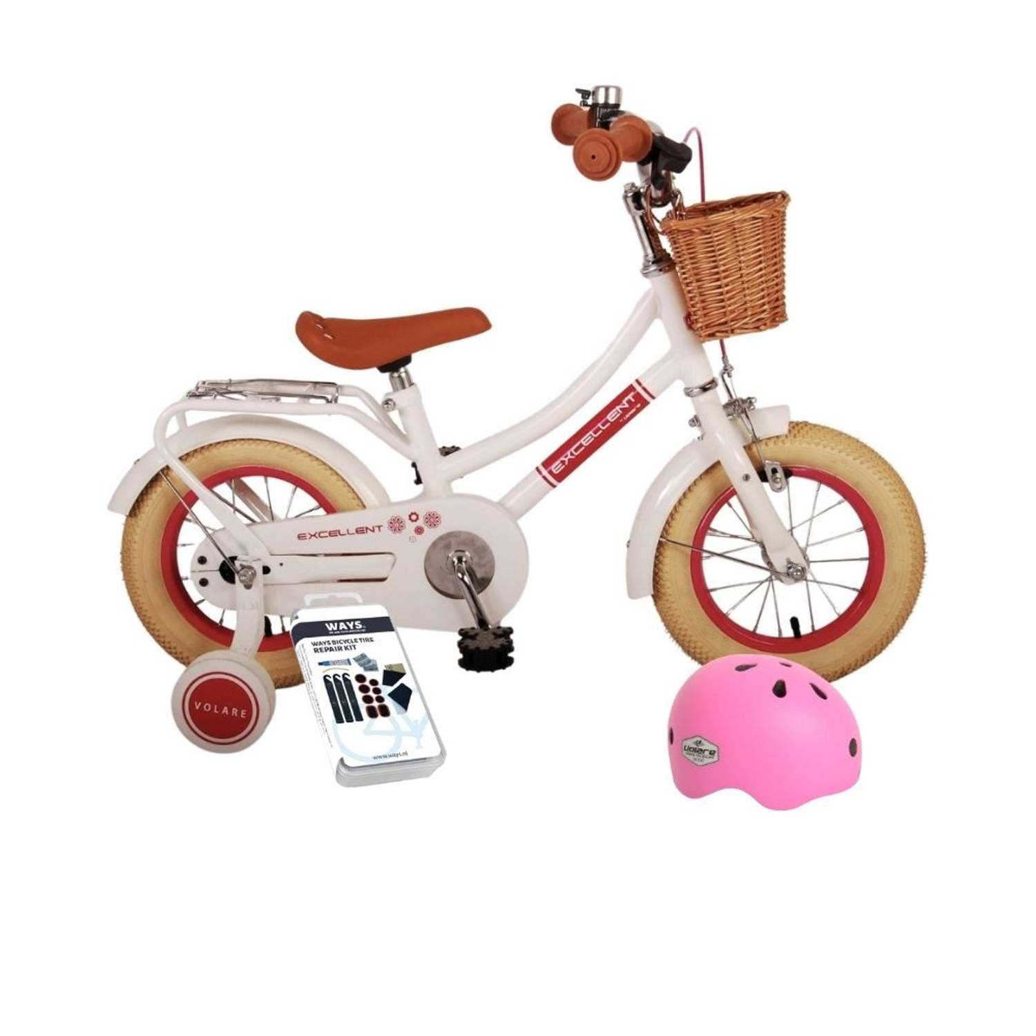 Volare Kinderfiets Excellent - 12 inch - Wit - Met fietshelm en accessoires