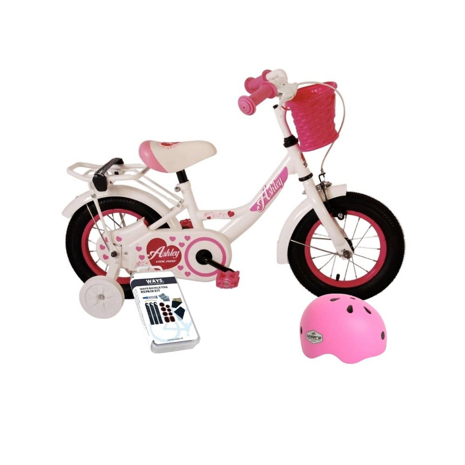 Volare Kinderfiets Ashley - 12 inch - Wit - Met fietshelm en accessoires