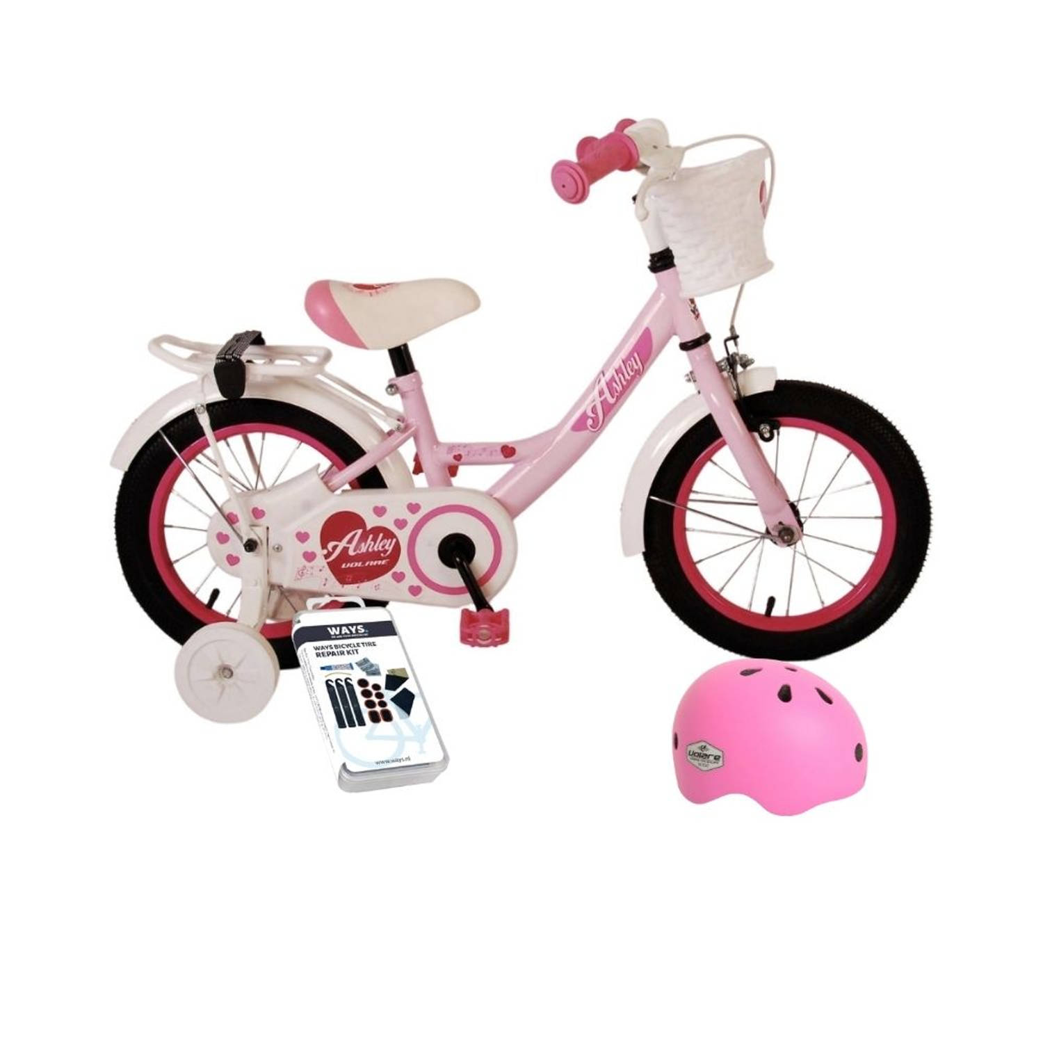Volare Kinderfiets Ashley - 14 inch - Roze - Met fietshelm en accessoires