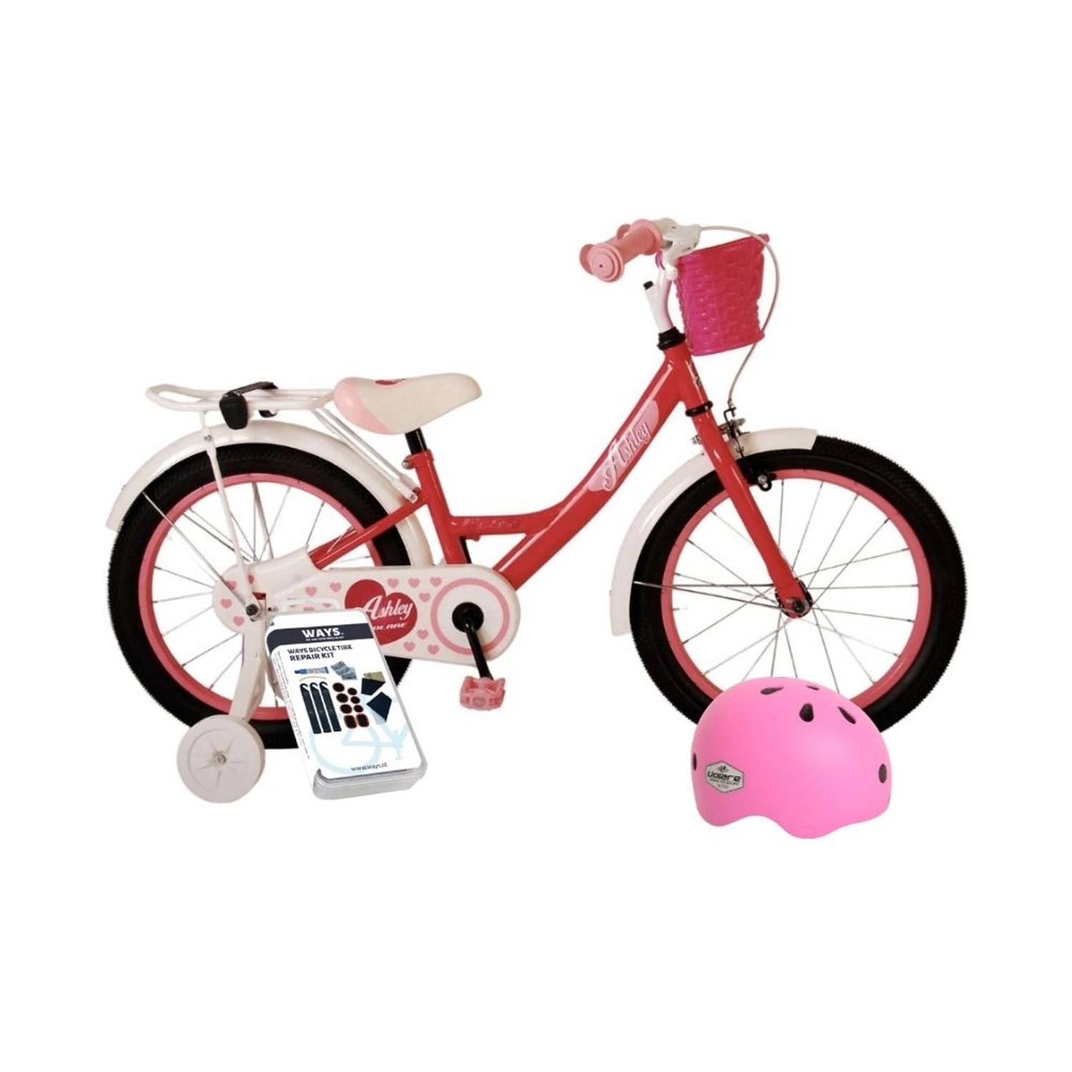 Volare Kinderfiets Ashley - 18 inch - Roze/Rood - Met fietshelm en accessoires