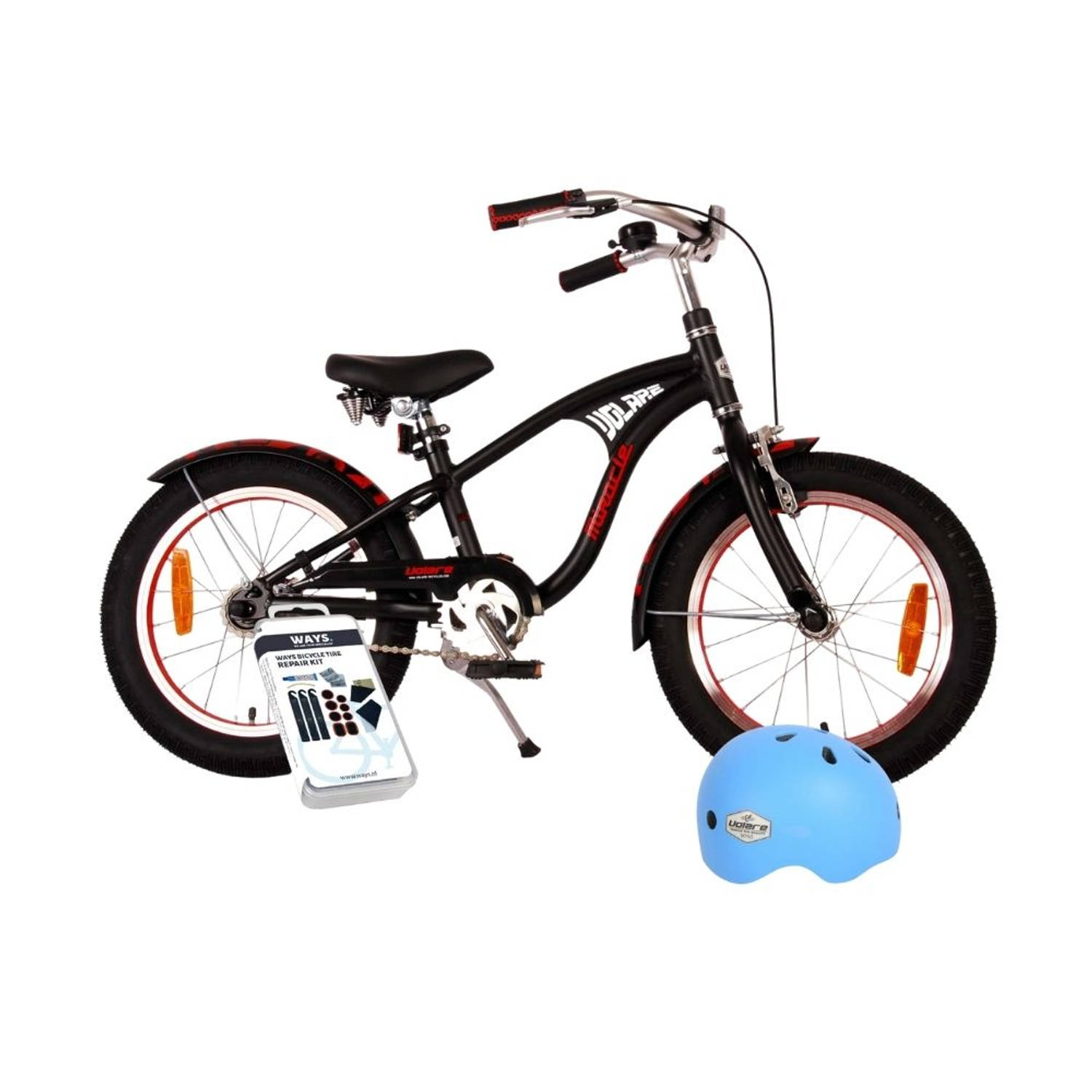 Volare Kinderfiets Miracle Cruiser - 16 inch - Zwart - Inclusief fietshelm + accessoires