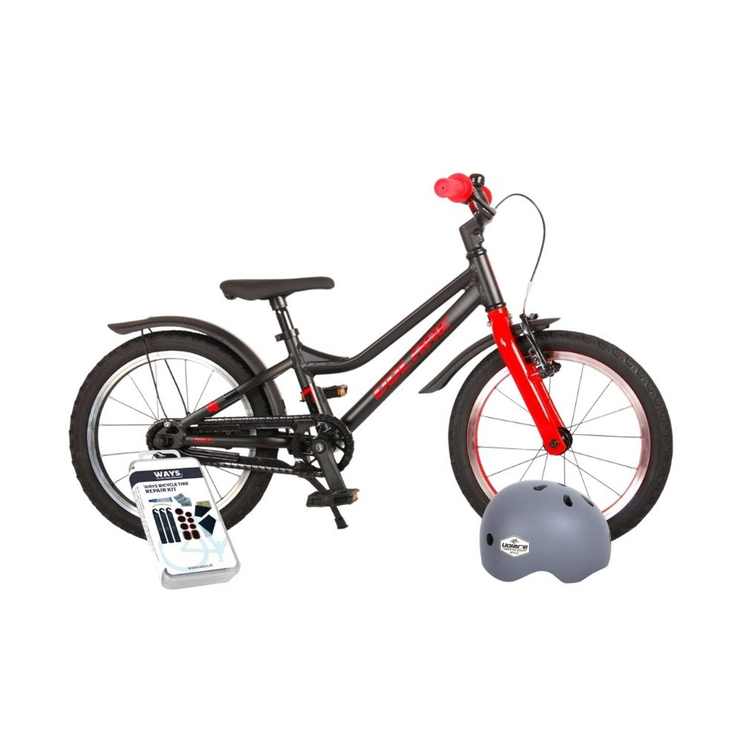 Volare Kinderfiets Blaster - 16 inch - Zwart/Rood - Met fietshelm en accessoires