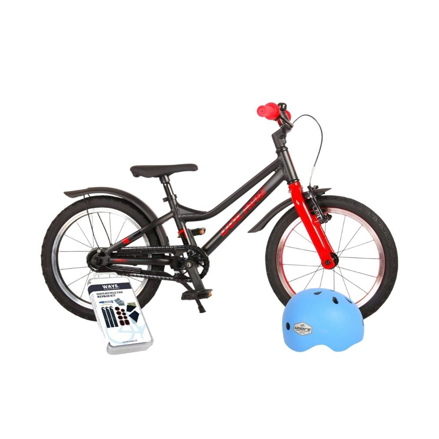 Volare Kinderfiets Blaster - 16 inch - Zwart/Rood - Inclusief fietshelm & accessoires