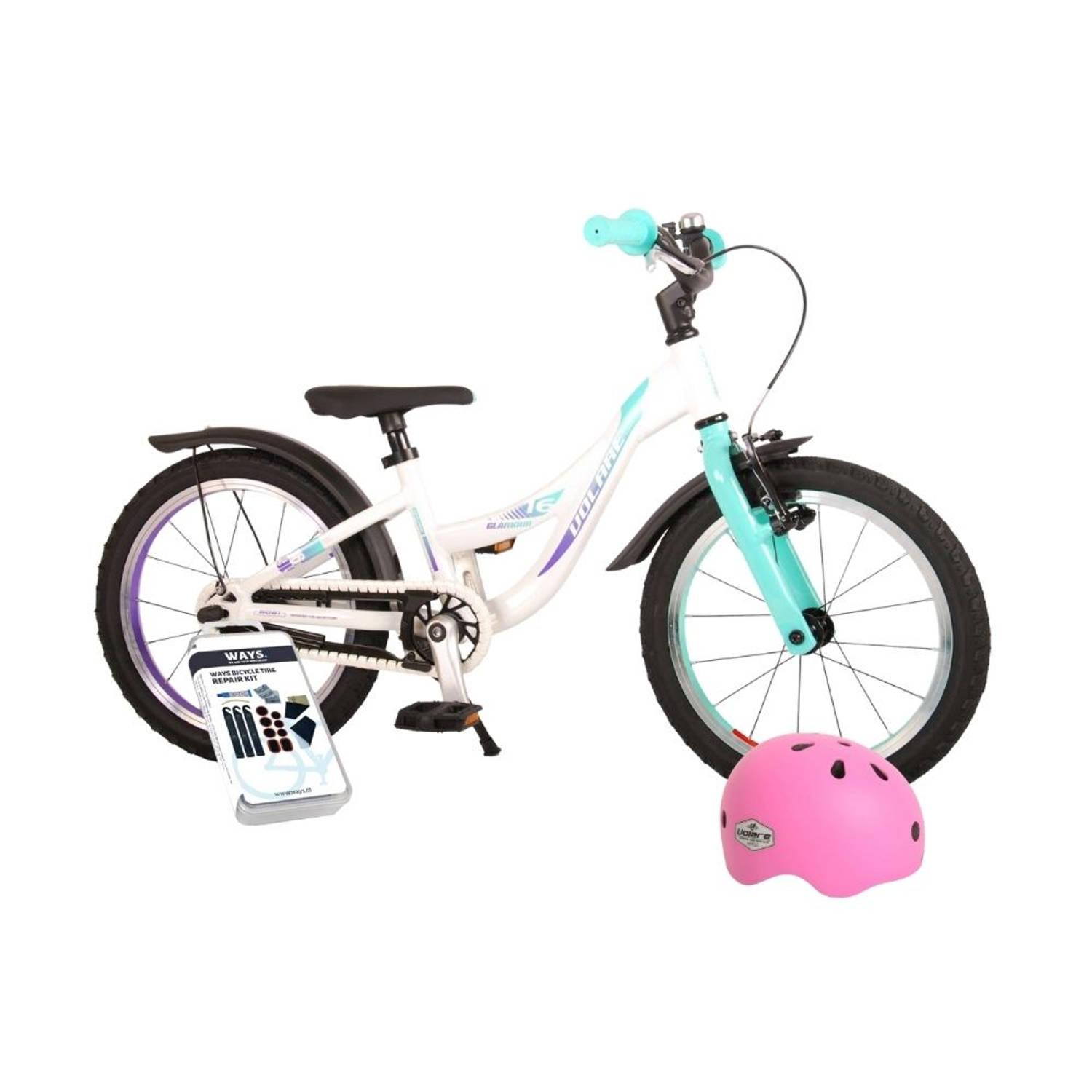 Volare Kinderfiets Glamour - 16 inch - Wit/Mintgroen - Met fietshelm en accessoires
