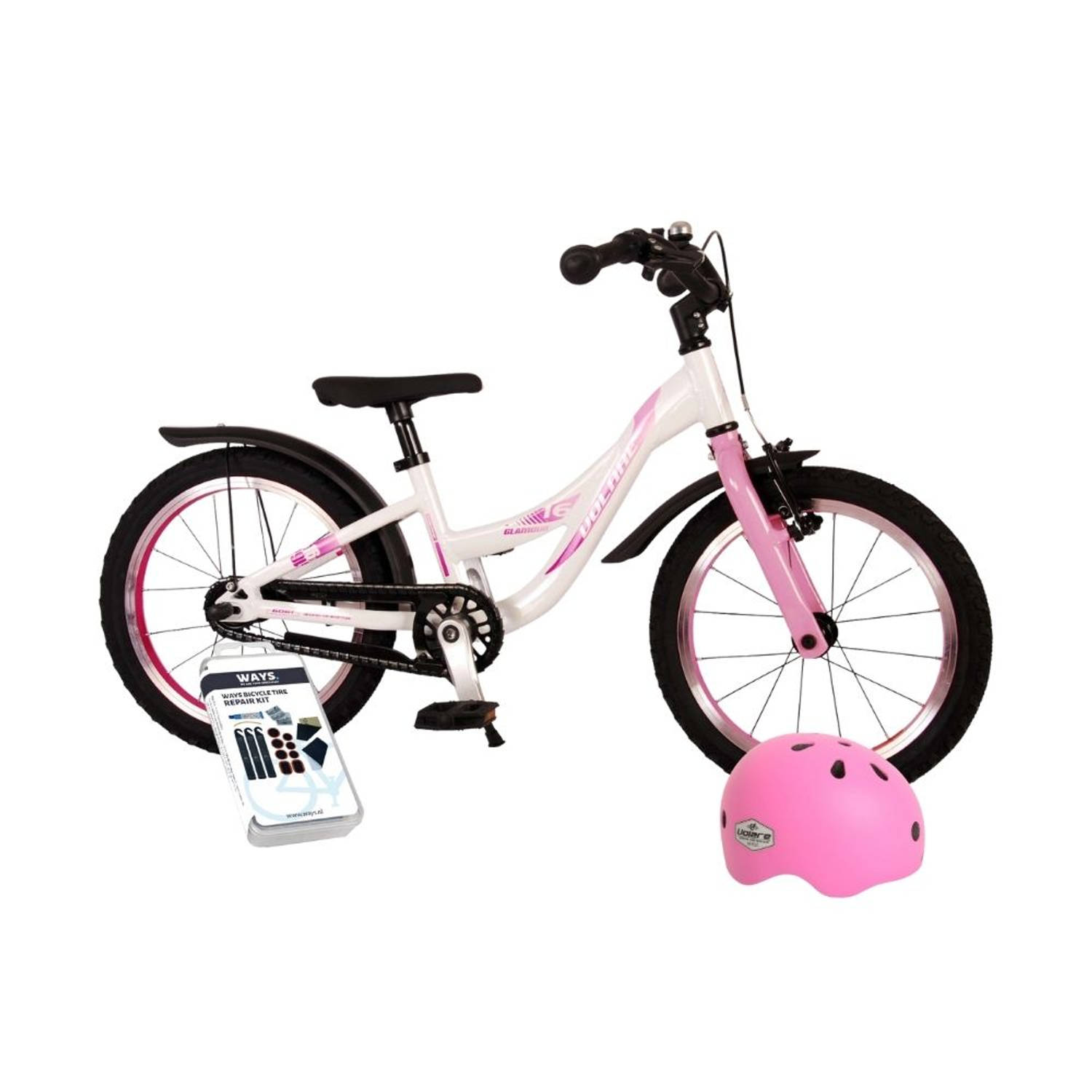 Volare Kinderfiets Glamour - 16 inch - Wit/Roze - Met fietshelm en accessoires