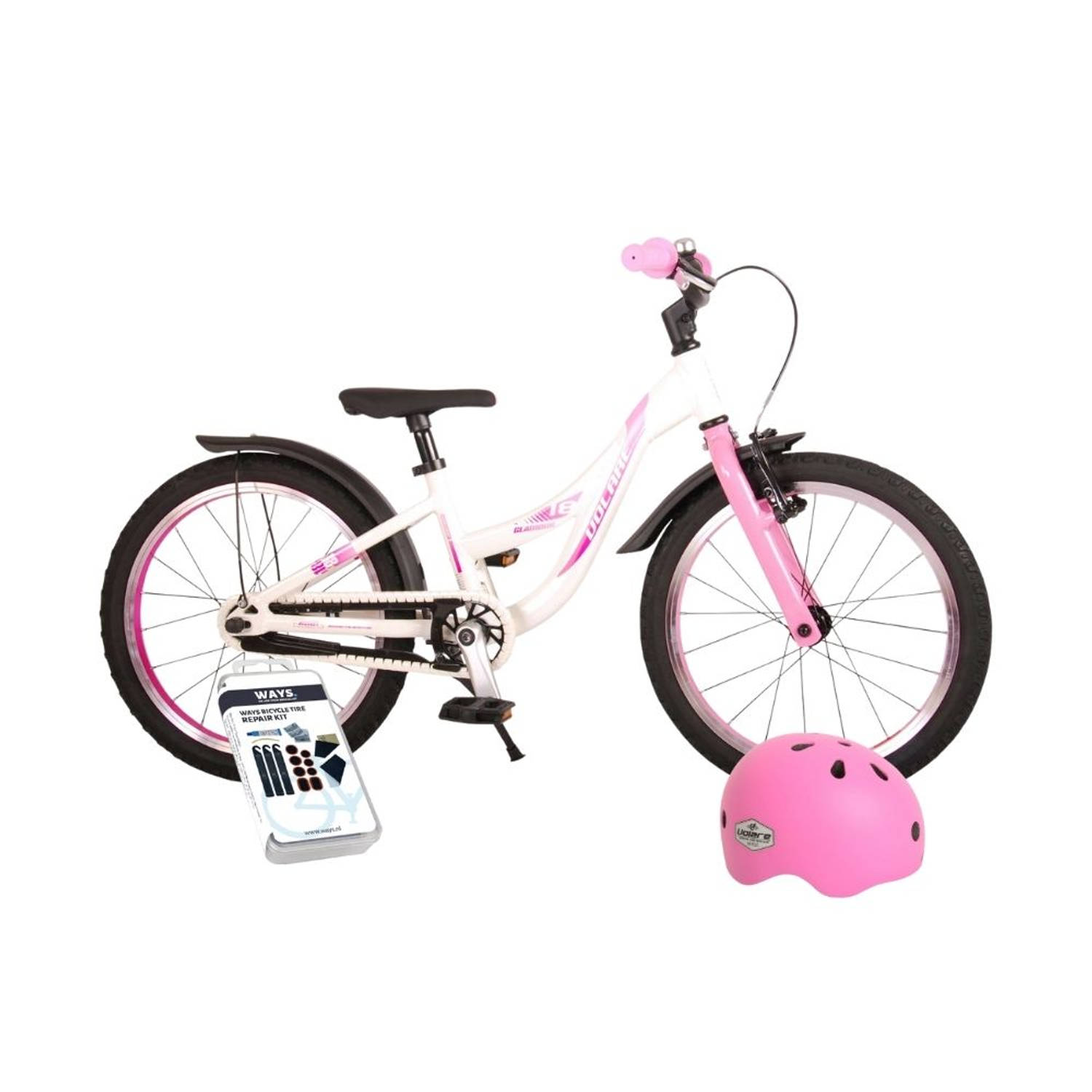 Volare Kinderfiets Glamour - 18 inch - Wit/Roze - Met fietshelm en accessoires