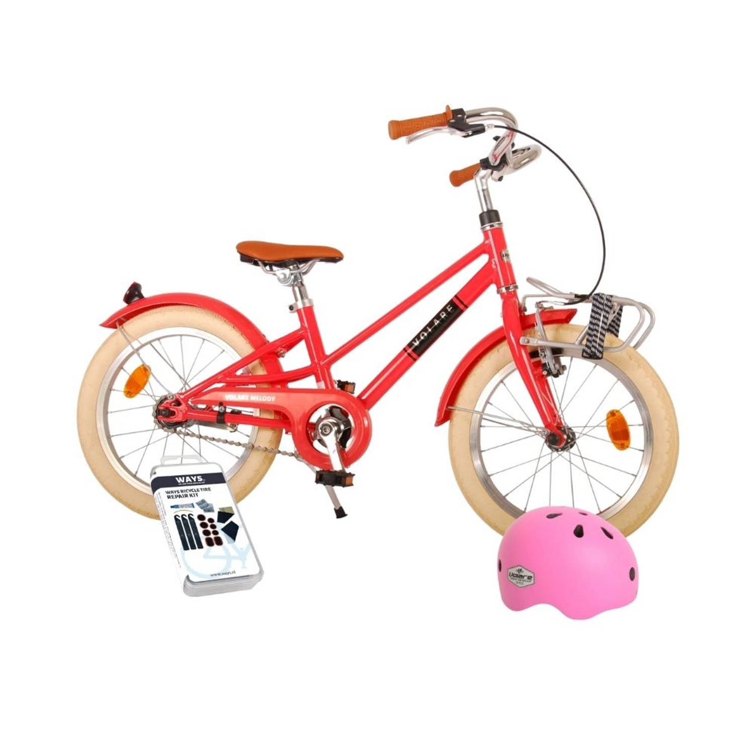 Volare Kinderfiets Melody - 16 inch - Koraal Rood - Met fietshelm en accessoires