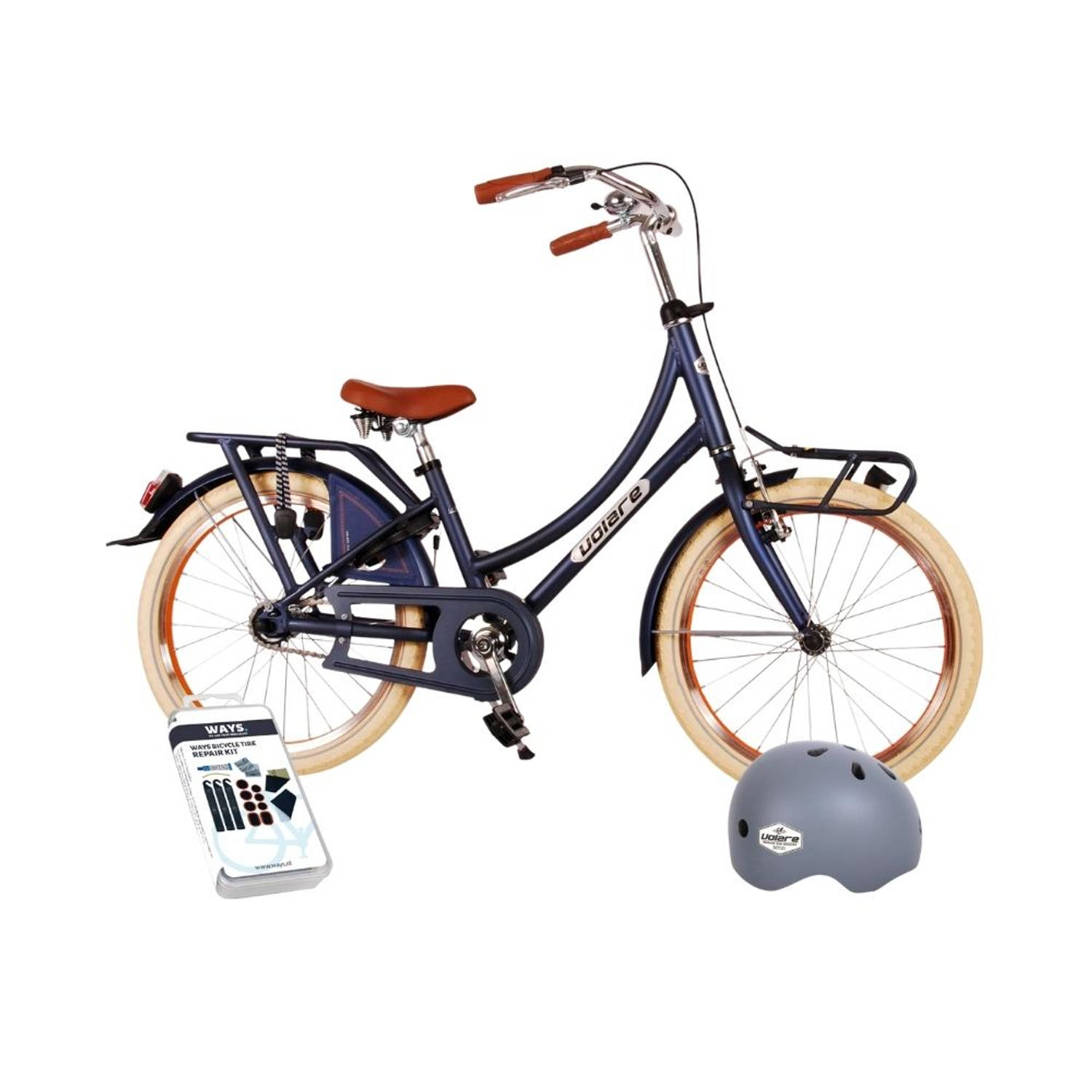 Volare Kinderfiets Oma Classic - 20 inch - Mat blauw - Met fietshelm & accessoires