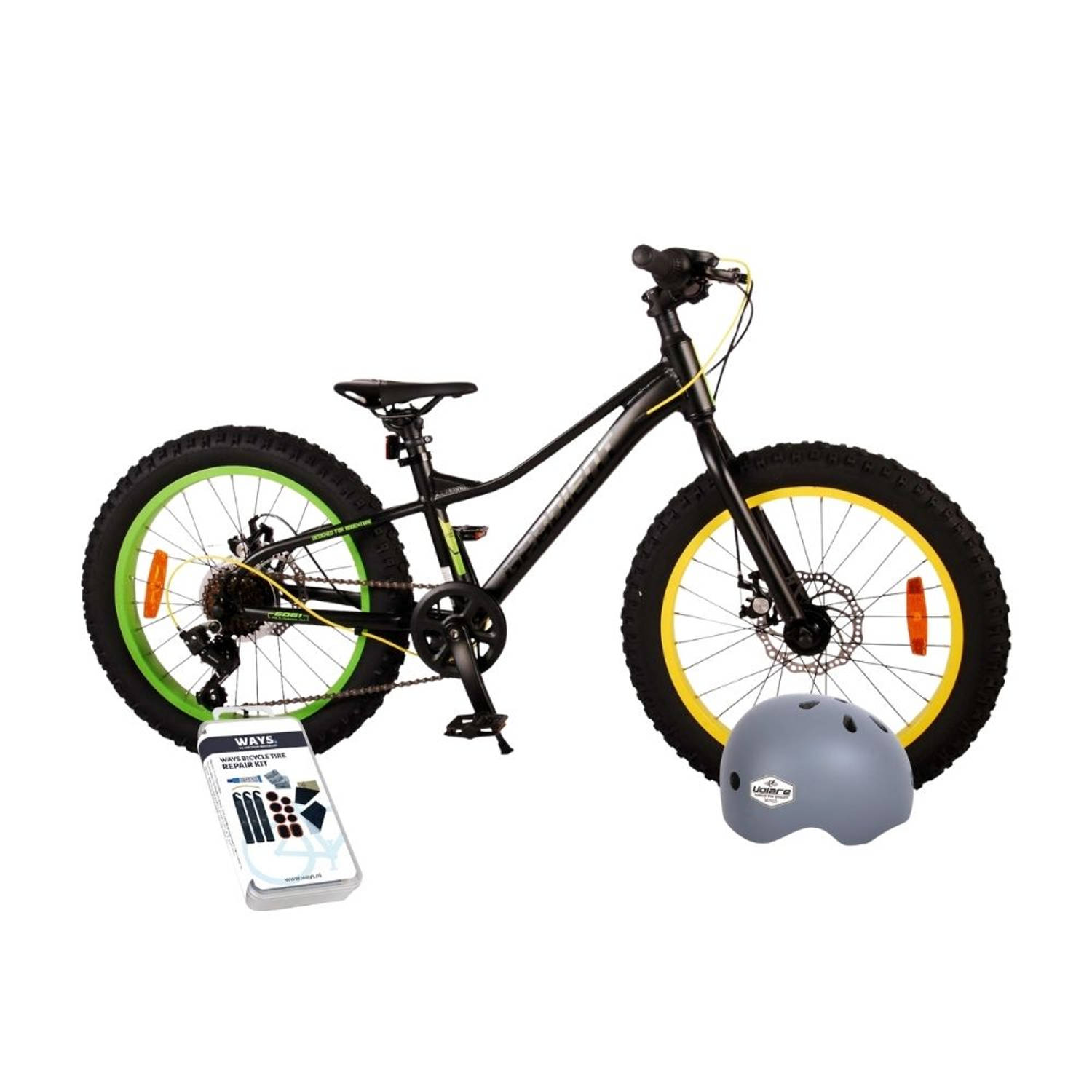 Volare Kinderfiets Gradient - 20 inch - Zwart/Geel/Groen - 6 Versnellingen - Met fietshelm en accessoires