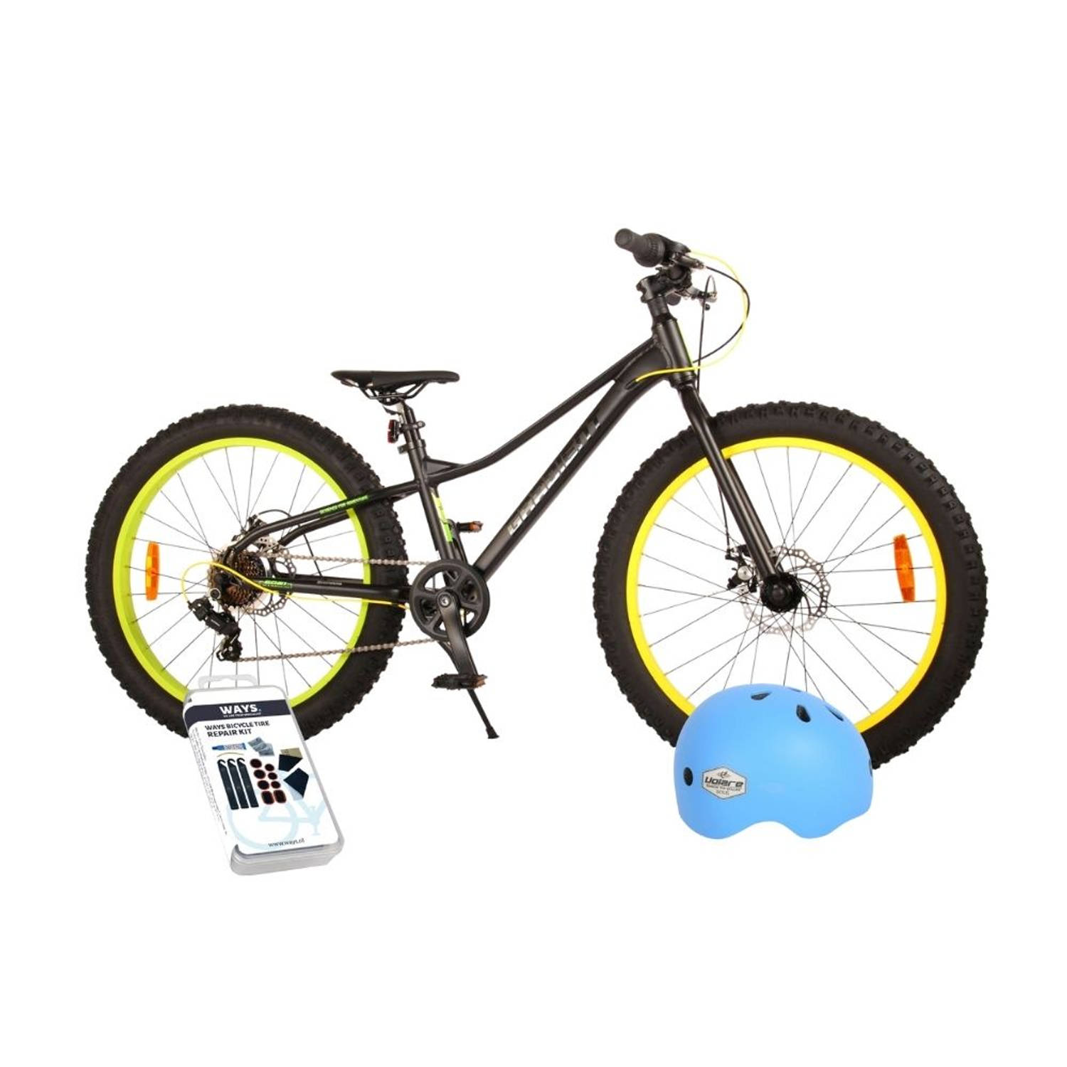 Volare Kinderfiets Gradient - 24 inch - Zwart/Geel/Groen - 7 Versnellingen - Met fietshelm & accessoires