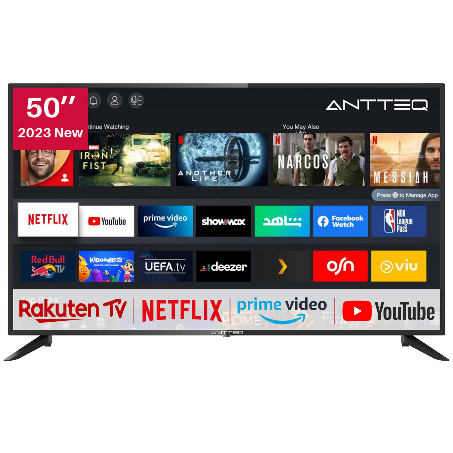 ANTTEQ AV50D1 - 4K TV 50 inch (127 cm) Smart TV - met HDR, Netflix, Prime Video, Rakuten TV, DAZN, Disney+, Youtube, UVM, Wifi, Voice Control, Triple Tuner DVB-T2 / S2 / C, Dolby A